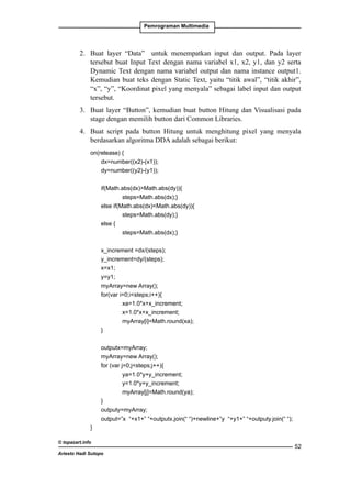 Pemrograman Multimedia

2. 	Buat layer “Data” untuk menempatkan input dan output. Pada layer
tersebut buat Input Text dengan nama variabel x1, x2, y1, dan y2 serta
Dynamic Text dengan nama variabel output dan nama instance output1.
Kemudian buat teks dengan Static Text, yaitu “titik awal”, “titik akhir”,
“x”, “y”, “Koordinat pixel yang menyala” sebagai label input dan output
tersebut.
3. 	 Buat layer “Button”, kemudian buat button Hitung dan Visualisasi pada
stage dengan memilih button dari Common Libraries.
4. 	 Buat script pada button Hitung untuk menghitung pixel yang menyala
berdasarkan algoritma DDA adalah sebagai berikut:
	
on(release) {
		
dx=number((x2)-(x1));
		
dy=number((y2)-(y1));
	
		if(Math.abs(dx)Math.abs(dy)){
			
steps=Math.abs(dx);}
		
else if(Math.abs(dx)Math.abs(dy)){
			
steps=Math.abs(dy);}
		
else {
			
steps=Math.abs(dx);}
		
x_increment =dx/(steps);
		
y_increment=dy/(steps);
		
x=x1;
		
y=y1;
		
myArray=new Array();
		
for(var i=0;isteps;i++){
			
xa=1.0*x+x_increment;
			
x=1.0*x+x_increment;
			
myArray[i]=Math.round(xa);
		
}
		
outputx=myArray;
		
myArray=new Array();
		
for (var j=0;jsteps;j++){
			
ya=1.0*y+y_increment;
			
y=1.0*y+y_increment;
			
myArray[j]=Math.round(ya);
		
}
		
outputy=myArray;
		
output=”x “+x1+” “+outputx.join(“ “)+newline+”y “+y1+” “+outputy.join(“ “);
	
}
© topazart.info
Ariesto Hadi Sutopo

52

 