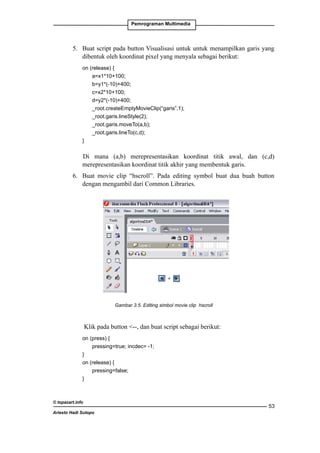 Pemrograman Multimedia

5. 	 Buat script pada button Visualisasi untuk untuk menampilkan garis yang
dibentuk oleh koordinat pixel yang menyala sebagai berikut:
	
on (release) {
		
a=x1*10+100;
		
b=y1*(-10)+400;
		
c=x2*10+100;
		
d=y2*(-10)+400;
		
_root.createEmptyMovieClip(“garis”,1);
		
_root.garis.lineStyle(2);
		
_root.garis.moveTo(a,b);
		
_root.garis.lineTo(c,d);
	
}

Di mana (a,b) merepresentasikan koordinat titik awal, dan (c,d)
merepresentasikan koordinat titik akhir yang membentuk garis.
6. 	 Buat movie clip “hscroll”. Pada editing symbol buat dua buah button
dengan mengambil dari Common Libraries.

	

Gambar 3.5. Editing simbol movie clip hscroll

	

Klik pada button --, dan buat script sebagai berikut:

	
on (press) {
		
pressing=true; incdec= -1;
	
}
	
on (release) {
		
pressing=false;
	
}

© topazart.info
Ariesto Hadi Sutopo

53

 