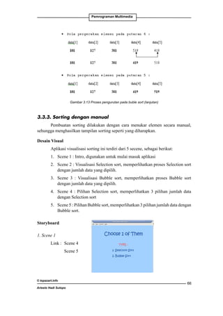 Pemrograman Multimedia

Gambar 3.13 Proses pengurutan pada buble sort (lanjutan)

3.3.3. Sorting dengan manual
Pembuatan sorting dilakukan dengan cara menukar elemen secara manual,
sehungga menghasilkan tampilan sorting seperti yang diharapkan.
Desain Visual
Aplikasi visualisasi sorting ini terdiri dari 5 secene, sebagai berikut:
1.	 Scene 1 : Intro, digunakan untuk mulai masuk aplikasi
2.	 Scene 2 : Visualisasi Selection sort, memperlihatkan proses Selection sort
dengan jumlah data yang dipilih.
3.	 Scene 3 : Visualisasi Bubble sort, memperlihatkan proses Bubble sort
dengan jumlah data yang dipilih.
4.	 Scene 4 : Pilihan Selection sort, memperlihatkan 3 pilihan jumlah data
dengan Selection sort
5.	 Scene 5 : Pilihan Bubble sort, memperlihatkan 3 pilihan jumlah data dengan
Bubble sort.
Storyboard
1. Scene 1
Link : 	Scene 4
		

Scene 5

© topazart.info
Ariesto Hadi Sutopo

66

 