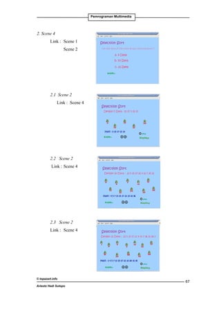 Pemrograman Multimedia

2. Scene 4
Link : 	Scene 1
		

Scene 2

2.1	 Scene 2
	

Link : Scene 4

2.2	 Scene 2
Link : 	Scene 4

2.3	 Scene 2
Link : 	Scene 4

© topazart.info
Ariesto Hadi Sutopo

67

 