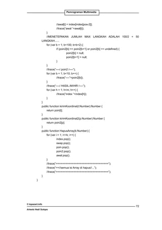 Pemrograman Multimedia

			
//awal[i] = index[index[pos-2]];
			
//trace(“awal “+awal[i]);
		
}
		
//MENETEPAKAN JUMLAH MAX LANGKAH ADALAH 100/2 = 50
LANGKAH......
		
for (var b = 1; b100; b=b+2) {
	
	
	
if (poin2[b] == poin2[b+1] or poin2[b] == undefined) {
				
poin2[b] = null;
				
poin2[b+1] = null;
			
}
		
}
		
//trace(“----/ poin2 /----”);
		
for (var b = 1; b10; b++) {
			
//trace(“----”+poin2[b]);
		
}
		
//trace(“----/ HASIL AKHIR /----”);
		
for (var h = 1; hm; h++) {
			
//trace(“index “+index[h]);
		
}
	
}
	
public function kirimKoordinat(t:Number):Number {
		
return poin[t];
	
}
	
public function kirimKoordinat2(p:Number):Number {
		
return poin2[p];
	
}
	
public function HapusArray(k:Number) {
		
for (var i = 1; i=k; i++) {
			index.pop();
			
swap.pop();
			
poin.pop();
			
poin2.pop();
			
awal.pop();
		
}
		
//trace(“=================================”);
		
//trace(“==//semua isi Array di hapus//...”);
		
//trace(“=================================”);
	
}
}

© topazart.info
Ariesto Hadi Sutopo

72

 