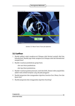 Pemrograman Multimedia

Gambar 3.21 Movie Tower of hanoi jika dijalankan

3.5 Latihan
1. 	 Buatlah aplikasi untuk mengkonversi bilangan oktal desimal menjadi oktal dan
heksadesimal. Buatlah juga untuk mengkonversi bilangan oktal dan heksadesimal
menjadi biner!
2. 	 Buatlah visualisasi pendeteksian gempa bumi;
		

- dari satu lokasi pendeteksian

		

- dari tiga lokasi pendeteksian.

3. 	 Buatlah visualisasi gerakan jarum jam, menit dan detik, dimana waktu yang berlaku
adalah waktu default komputer yang ada pada pengguna!
4. 	 Buatlah pengurutan data menggunakan algoritma Insertion Sort, Binary Sort dan
Quick Sort!
5. 	 Buatlah pengurutan data menggunakan algoritma Searching!

© topazart.info
Ariesto Hadi Sutopo

86

 