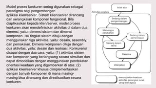 Model proses konkuren sering digunakan sebagai
paradigma bagi pengembangan
aplikasi klien/server. Sistem klien/server dirancang
dari serangkaian komponen fungsional. Bila
diaplikasikan kepada klien/server, model proses
konkuren akan mendefinisikan aktivitas di dalam dua
dimensi, yaitu: dimensi sistem dan dimensi
komponen. Isu tingkat sistem dituju dengan
menggunakan tiga aktivitas, yaitu: desain, assembly,
dan pemakaian. Dimensi komponen dituju dengan
dua aktivitas, yaitu: desain dan realisasi. Konkurensi
dicapai dengan dua cara, yaitu: (1) aktivitas sistem
dan komponen yang berlangsung secara simultan dan
dapat dimodelkan dengan menggunakan pendekatan
orientasi keadaan yang digambarkan di atas; (2)
aplikasi klien/server khusus diimplementasikan
dengan banyak komponen di mana masing-
masing bisa dirancang dan direalisasikan secara
konkuren.
 