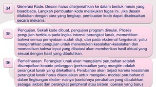 04 Generasi Kode. Desain harus diterjemahkan ke dalam bentuk mesin yang
bisadibaca. Langkah pembuatan kode melakukan tugas ini. Jika desain
dilakukan dengan cara yang lengkap, pembuatan kode dapat diselesaikan
secara mekanis.
05
Pengujian. Sekali kode dibuat, pengujian program dimulai. Proses
pengujian berfokus pada logika internal perangkat lunak, memastikan
bahwa semua pernyataan sudah diuji, dan pada eksternal fungsional, yaitu
mengarahkan pengujian untuk menemukan kesalahan-kesalahan dan
memastikan bahwa input yang dibatasi akan memberikan hasil aktual yang
sesuai dengan hasil yang dibutuhkan.
Pemeliharaan. Perangkat lunak akan mengalami perubahan setelah
disampaikan kepada pelanggan (perkecualian yang mungkin adalah
perangkat lunak yang dilekatkan). Perubahan akan terjadi karena kesalahan
perangkat lunak harus disesuaikan untuk mengako- modasi perubahan di
dalam lingkungan ekster- nalnya (contohnya perubahan yang dibutuhkan
sebagai akibat dari perangkat peripheral atau sistem operasi yang baru)
06
 