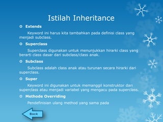 Istilah Inheritance 
 Extends 
Keyword ini harus kita tambahkan pada definisi class yang 
menjadi subclass. 
 Superclass 
Superclass digunakan untuk menunjukkan hirarki class yang 
berarti class dasar dari subclass/class anak. 
 Subclass 
Subclass adalah class anak atau turunan secara hirarki dari 
superclass. 
 Super 
Keyword ini digunakan untuk memanggil konstruktor dari 
superclass atau menjadi variabel yang mengacu pada superclass. 
 Methode Overriding 
Pendefinisian ulang method yang sama pada 
 