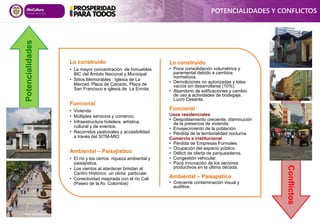 Lo construido
• La mayor concentración de Inmuebles
BIC del Ámbito Nacional y Municipal
• Sitios Memorables : Iglesia de La
Merced, Plaza de Caicedo, Plaza de
San Francisco e iglesia de La Ermita.
Funcional
• Vivienda
• Múltiples servicios y comercio.
• Infraestructura hotelera, artística,
cultural y de eventos.
• Recorridos peatonales y accesibilidad
a través del SITM-MIO
Ambiental – Paisajístico
• El río y los cerros: riqueza ambiental y
paisajística.
• Los vientos al atardecer brindan al
Centro Histórico un clima particular.
• Conectividad mejorada con el río Cali
(Paseo de la Av. Colombia)
Lo construido
• Poca consolidación volumétrica y
paramental debido a cambios
normativos.
• Demoliciones no autorizadas y lotes
vacíos sin desarrollarse (10%).
• Abandono de edificaciones y cambio
de uso a actividades de bodegaje.
Lucro Cesante.
Funcional
Usos residenciales
• Despoblamiento creciente, disminución
de la presencia de vivienda.
• Envejecimiento de la población.
• Pérdida de la territorialidad nocturna
Comercio e institucional
• Pérdida de Empresas Formales.
• Ocupación del espacio público.
• Déficit de oferta de parqueaderos.
• Congestión vehicular.
• Poca innovación de los sectores
productivos en la última década.
Ambiental – Paisajístico
• Creciente contaminación visual y
auditiva.
Potencialidades
Conflictos
©EL PAIS.2012
POTENCIALIDADES Y CONFLICTOS
© 2014. www.cali.gov.co
 