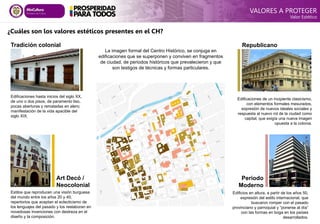 Edificaciones hasta inicios del siglo XX,
de uno o dos pisos, de paramento liso,
pocas aberturas y rematadas en alero;
manifestación de la vida apacible del
siglo XIX.
Tradición colonial
Edificaciones de un incipiente clasicismo,
con elementos formales mesurados,
expresión de nuevos ideales sociales y
respuesta al nuevo rol de la ciudad como
capital, que exigía una nueva imagen
opuesta a la colonia.
Republicano
Estilos que reproducen una visión burguesa
del mundo entre los años 20 y 40;
repertorios que aceptan el eclecticismo de
los lenguajes del pasado y los reelaboran en
novedosas invenciones con destreza en el
diseño y la composición.
Edificios en altura, a partir de los años 50,
expresión del estilo internacional, que
buscaron romper con el pasado
provinciano y parroquial y “ponerse al día”
con las formas en boga en los países
desarrollados.
¿Cuáles son los valores estéticos presentes en el CH?
Periodo
Moderno
Art Decó /
Neocolonial
La imagen formal del Centro Histórico, se conjuga en
edificaciones que se superponen y conviven en fragmentos
de ciudad, de periodos históricos que prevalecieron y que
son testigos de técnicas y formas particulares.
VALORES A PROTEGER
Valor Estético
 