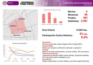 0
500
1000
1500
2000
2500
3000
3500
4000
4500
1964 1973 1985 1993 2008
Dinámica Demográfica
La Merced San Pedro Santa Rosa El Calvario
20
23
11
4
La Merced San Pedro Santa Rosa Calvario
Participación Barrios x Mz
Barrios 4
Manzanas 59
Predios 561
Habitantes 2.481
Área Urbana 12.094 has.
Acueducto
Servicio sectorizado; redes antiguas (hierro forjado 90%)
Alcantarillado
Redes que requieren verificación particular y reposición.
Energía
Mayoría de redes subterráneas y en buen estado. 40% de reserva.
Telecomunicaciones
Capacidad de atender 20000 nuevos clientes. (Expansión flexible)
65 % de la fibra óptica instalada en uso.
Gas Natural
Redes subterráneas, en buen estado y suministro según demanda.
Participación Centro Histórico
51 has.
0,4%
CONTEXTO SOCIO ECONÓMICO
Generalidades
LA MERCED
SANTA ROSA
SAN PEDRO
EL CALVARIO
 