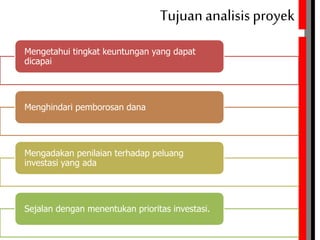 Tujuananalisisproyek
Mengetahui tingkat keuntungan yang dapat
dicapai
Menghindari pemborosan dana
Mengadakan penilaian terhadap peluang
investasi yang ada
Sejalan dengan menentukan prioritas investasi.
 