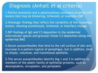 Diagnosis (Anhalt et al criteria)
1.Painful stomatitis and a polymorphous cutaneous eruption with
lesions that may be blistering, lichenoid, or resemble EMF .
2.Histologic findings that reflect the variability of the cutaneous
lesions, showing acantholysis, lichenoid, or interface change.
3.DIF findings of IgG and C3 deposition in the epidermal
intercellular spaces and granular/linear C3 deposition along the
epidermal BMZ
4.Serum autoantibodies that bind to the cell surface of skin and
mucosae in a pattern typical of pemphigus, but in addition, bind
to simple, columnar, and transitional epithelia.
5.The serum autoantibodies identify Dsg 1 and 3 in addition to
members of the plakin family of epithelial proteins, such as
desmoplakins, envoplakin, and periplakin
 