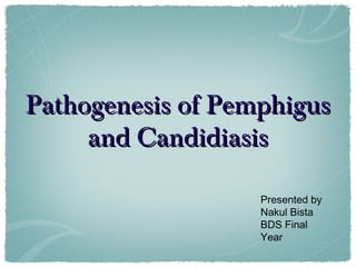 Pathogenesis of PemphigusPathogenesis of Pemphigus
and Candidiasisand Candidiasis
Presented by
Nakul Bista
BDS Final
Year
 