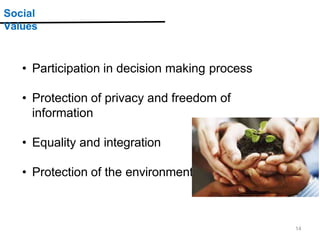 Social
Values
• Participation in decision making process
• Protection of privacy and freedom of
information
• Equality and integration
• Protection of the environment
14
 