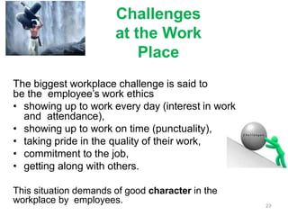 Challenges
at the Work
Place
The biggest workplace challenge is said to
be the employee’s work ethics
• showing up to work every day (interest in work
and attendance),
• showing up to work on time (punctuality),
• taking pride in the quality of their work,
• commitment to the job,
• getting along with others.
This situation demands of good character in the
workplace by employees. 23
 