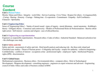 3
Unit 1: Human Values
Morals, Values and Ethics - Integrity - work Ethic - Service Learning - Civic Virtue - Respect for others - Livingpeacefully
- Caring - Sharing - Honesty - Courage - Valuing time - Co-operation - Commitment - Empathy - Self-Confidence-
Character - Spirituality
Unit 2: Engineering Ethics
Sense of 'Engineering Ethics' - Variety of moral issued - types of inquiry - moral dilemmas - moral autonomy - Kohlberg's
theory - Gilligan's theory - Consensus and controversy - Models of Professional Roles & Professionalism - theories about
right action - Self-interest - customs and religion - uses of ethicaltheories.
Unit 3: Engineering as experimentation
Engineers as responsible experimenters - Research ethics -Codes of ethics - Industrial Standard - Balanced outlookon law
- the challenger case study.
Unit 4: Safety and risk
Safety and risk - assessment of safety and risk - Risk benefit analysis and reducing risk - the three mile island and
Chernobyl case studies - Threat of Nuclear power - Collegiality and loyalty - respect for authority - collective bargaining -
Confidentiality - conflicts of interest - occupation crime - professional rights - employees’rights - Intellectual Property
rights (IPR) - discrimination.
Unit 5: Global Issues
Multinational corporations - Business ethics - Environmental ethics - computer ethics - Role in Technological
Development - Weapons development - consulting engineers - engineers as expert witnesses and advisors - Engineering
council of India -Ethics and codes of business conduct inMNC
Course
Content
 