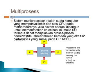 yang dimili prose a p U CPU
Multiprosess
or

 Sistem multiprocessor adalah suatu komputer
yang mempunyai lebih dari satu CPU pada
motherboardnya. Jika sistem operasi dibangun
untuk memanfaatkan kelebihan ini, maka SO
tersebut dapat menjalankan proses-proses
berbeda (atau thread-thread berbeda yang dimiliki
oleh proses yang sama) pada CPU-CPU
berbeda.
Processors are
connected with
memory via the
memory bus
(which
is fast), or
switches
P
P
P
Shared
Memory
P
 