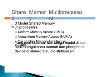 Share
d
Memor
y
Multiprocesso
rs
 3 Model Shared Memory
Multiprocessors:
 Uniform Memory Access (UMA)
 Nonuniform Memory Access (NUMA)
 Cache Only Memory Architecture
(COMA)
 Yang membedakan dari ketiga model diatas
adalah bagaimana memori dan pheripheral
device di shared atau didistribusikan
 