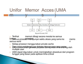 Unifor
m
Memor
y
Acces
s
(UMA
)
 Terlihat
bahwa
memori dibagi secara merata ke semua
prosesor
 Semua prosesor mempunyai waktu akses yang sama ke
semua word
 Setiap prosesor menggunakan private cache
 Dan untuk peripheral juga dishare dengan cara yang sama
memo
ri
 UMA cocok untuk general purpose dan aplikasi time sharing oleh
multiple user
 UMA dapat digunakan untuk meningkatkan ekseskusi dari program
tunggal yang besar pada aplikasi time-critical
 