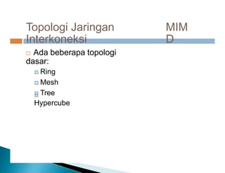 Topologi Jaringan
Interkoneksi
MIM
D
 Ada beberapa topologi
dasar:
 Ring
 Mesh
 Tree

Hypercube
 
