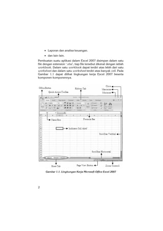 2
• Laporan dan analisa keuangan.
• dan lain-lain.
Pembuatan suatu aplikasi dalam Excel 2007 disimpan dalam satu
file dengan extension ‘.xlsx’, tiap file tersebut dikenal dengan istilah
workbook. Dalam satu workbook dapat terdiri atas lebih dari satu
worksheet dan dalam satu worksheet terdiri atas banyak cell. Pada
Gambar 1.1 dapat dilihat lingkungan kerja Excel 2007 beserta
komponen-komponennya.
Gambar 1.1. Lingkungan Kerja Microsoft Office Excel 2007
 