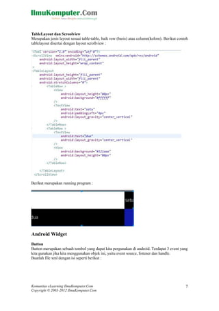 Komunitas eLearning IlmuKomputer.Com
Copyright © 2003-2012 IlmuKomputer.Com
7
TableLayout dan Scroolview
Merupakan jenis layout sesuai table-table, baik row (baris) atau column(kolom). Berikut contoh
tablelayout disertai dengan layout scrollview :
Berikut merupakan running program :
Android Widget
Button
Button merupakan sebuah tombol yang dapat kita pergunakan di android. Terdapat 3 event yang
kita gunakan jika kita menggunakan objek ini, yaitu event source, listener dan handle.
Buatlah file xml dengan isi seperti berikut :
 