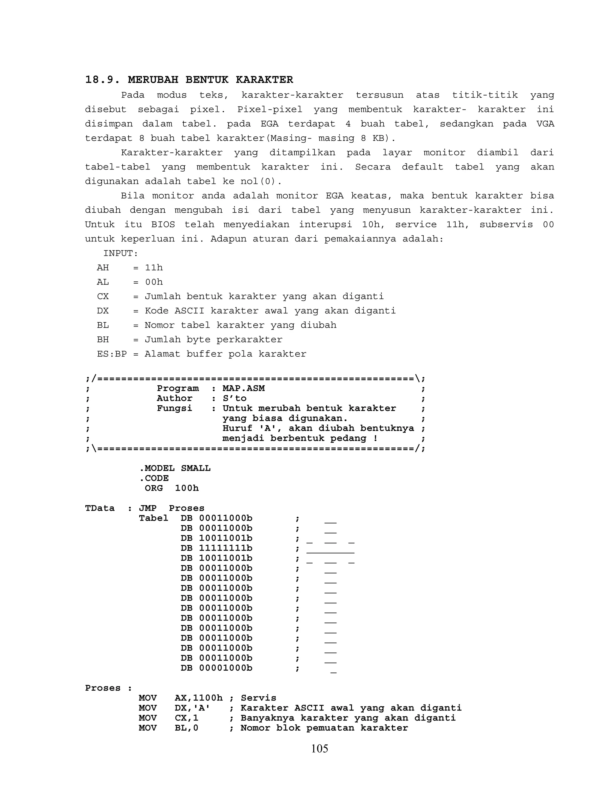 18.9. MERUBAH BENTUK KARAKTER
Pada modus teks, karakter-karakter tersusun atas titik-titik yang
disebut sebagai pixel. Pixel-pixel yang membentuk karakter- karakter ini
disimpan dalam tabel. pada EGA terdapat 4 buah tabel, sedangkan pada VGA
terdapat 8 buah tabel karakter(Masing- masing 8 KB).
Karakter-karakter yang ditampilkan pada layar monitor diambil dari
tabel-tabel yang membentuk karakter ini. Secara default tabel yang akan
digunakan adalah tabel ke nol(0).
Bila monitor anda adalah monitor EGA keatas, maka bentuk karakter bisa
diubah dengan mengubah isi dari tabel yang menyusun karakter-karakter ini.
Untuk itu BIOS telah menyediakan interupsi 10h, service 11h, subservis 00
untuk keperluan ini. Adapun aturan dari pemakaiannya adalah:
INPUT:
AH = 11h
AL = 00h
CX = Jumlah bentuk karakter yang akan diganti
DX = Kode ASCII karakter awal yang akan diganti
BL = Nomor tabel karakter yang diubah
BH = Jumlah byte perkarakter
ES:BP = Alamat buffer pola karakter
;/=====================================================;
; Program : MAP.ASM ;
; Author : S’to ;
; Fungsi : Untuk merubah bentuk karakter ;
; yang biasa digunakan. ;
; Huruf 'A', akan diubah bentuknya ;
; menjadi berbentuk pedang ! ;
;=====================================================/;
.MODEL SMALL
.CODE
ORG 100h
TData : JMP Proses
Tabel DB 00011000b ; __
DB 00011000b ; __
DB 10011001b ; _ __ _
DB 11111111b ; ________
DB 10011001b ; _ __ _
DB 00011000b ; __
DB 00011000b ; __
DB 00011000b ; __
DB 00011000b ; __
DB 00011000b ; __
DB 00011000b ; __
DB 00011000b ; __
DB 00011000b ; __
DB 00011000b ; __
DB 00011000b ; __
DB 00001000b ; _
Proses :
MOV AX,1100h ; Servis
MOV DX,'A' ; Karakter ASCII awal yang akan diganti
MOV CX,1 ; Banyaknya karakter yang akan diganti
MOV BL,0 ; Nomor blok pemuatan karakter
105
 