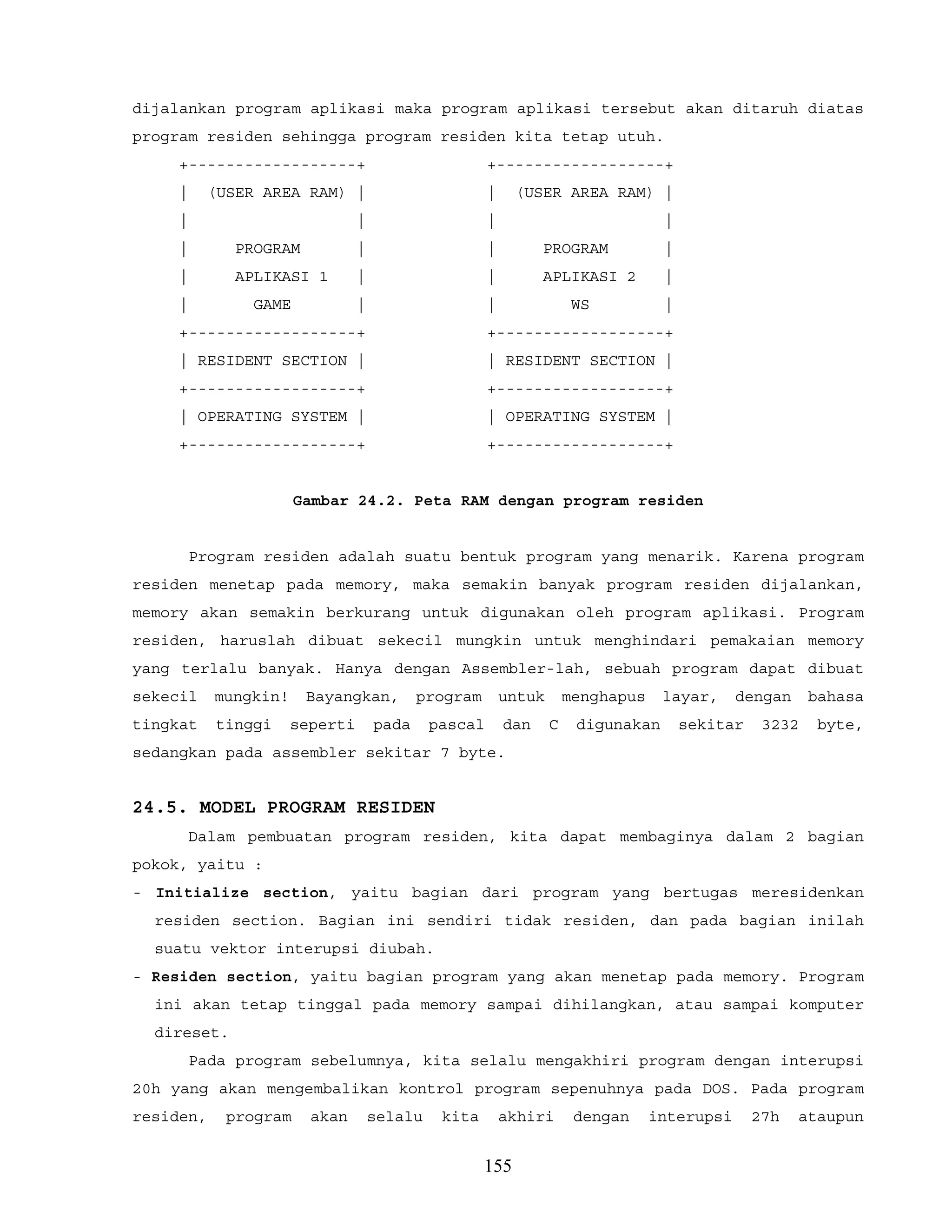dijalankan program aplikasi maka program aplikasi tersebut akan ditaruh diatas
program residen sehingga program residen kita tetap utuh.
+------------------+ +------------------+
| (USER AREA RAM) | | (USER AREA RAM) |
| | | |
| PROGRAM | | PROGRAM |
| APLIKASI 1 | | APLIKASI 2 |
| GAME | | WS |
+------------------+ +------------------+
| RESIDENT SECTION | | RESIDENT SECTION |
+------------------+ +------------------+
| OPERATING SYSTEM | | OPERATING SYSTEM |
+------------------+ +------------------+
Gambar 24.2. Peta RAM dengan program residen
Program residen adalah suatu bentuk program yang menarik. Karena program
residen menetap pada memory, maka semakin banyak program residen dijalankan,
memory akan semakin berkurang untuk digunakan oleh program aplikasi. Program
residen, haruslah dibuat sekecil mungkin untuk menghindari pemakaian memory
yang terlalu banyak. Hanya dengan Assembler-lah, sebuah program dapat dibuat
sekecil mungkin! Bayangkan, program untuk menghapus layar, dengan bahasa
tingkat tinggi seperti pada pascal dan C digunakan sekitar 3232 byte,
sedangkan pada assembler sekitar 7 byte.
24.5. MODEL PROGRAM RESIDEN
Dalam pembuatan program residen, kita dapat membaginya dalam 2 bagian
pokok, yaitu :
- Initialize section, yaitu bagian dari program yang bertugas meresidenkan
residen section. Bagian ini sendiri tidak residen, dan pada bagian inilah
suatu vektor interupsi diubah.
- Residen section, yaitu bagian program yang akan menetap pada memory. Program
ini akan tetap tinggal pada memory sampai dihilangkan, atau sampai komputer
direset.
Pada program sebelumnya, kita selalu mengakhiri program dengan interupsi
20h yang akan mengembalikan kontrol program sepenuhnya pada DOS. Pada program
residen, program akan selalu kita akhiri dengan interupsi 27h ataupun
155
 