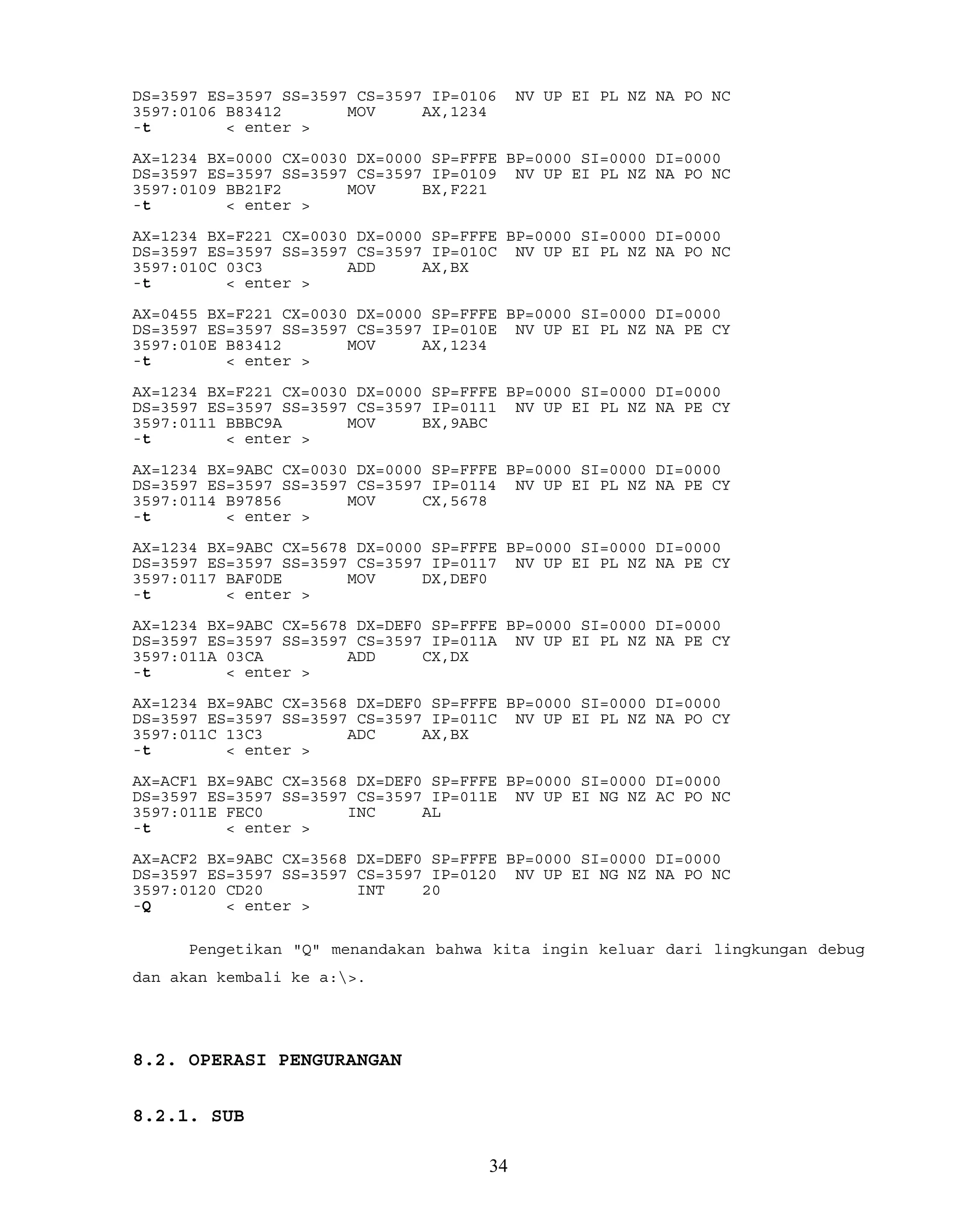DS=3597 ES=3597 SS=3597 CS=3597 IP=0106 NV UP EI PL NZ NA PO NC
3597:0106 B83412 MOV AX,1234
-t < enter >
AX=1234 BX=0000 CX=0030 DX=0000 SP=FFFE BP=0000 SI=0000 DI=0000
DS=3597 ES=3597 SS=3597 CS=3597 IP=0109 NV UP EI PL NZ NA PO NC
3597:0109 BB21F2 MOV BX,F221
-t < enter >
AX=1234 BX=F221 CX=0030 DX=0000 SP=FFFE BP=0000 SI=0000 DI=0000
DS=3597 ES=3597 SS=3597 CS=3597 IP=010C NV UP EI PL NZ NA PO NC
3597:010C 03C3 ADD AX,BX
-t < enter >
AX=0455 BX=F221 CX=0030 DX=0000 SP=FFFE BP=0000 SI=0000 DI=0000
DS=3597 ES=3597 SS=3597 CS=3597 IP=010E NV UP EI PL NZ NA PE CY
3597:010E B83412 MOV AX,1234
-t < enter >
AX=1234 BX=F221 CX=0030 DX=0000 SP=FFFE BP=0000 SI=0000 DI=0000
DS=3597 ES=3597 SS=3597 CS=3597 IP=0111 NV UP EI PL NZ NA PE CY
3597:0111 BBBC9A MOV BX,9ABC
-t < enter >
AX=1234 BX=9ABC CX=0030 DX=0000 SP=FFFE BP=0000 SI=0000 DI=0000
DS=3597 ES=3597 SS=3597 CS=3597 IP=0114 NV UP EI PL NZ NA PE CY
3597:0114 B97856 MOV CX,5678
-t < enter >
AX=1234 BX=9ABC CX=5678 DX=0000 SP=FFFE BP=0000 SI=0000 DI=0000
DS=3597 ES=3597 SS=3597 CS=3597 IP=0117 NV UP EI PL NZ NA PE CY
3597:0117 BAF0DE MOV DX,DEF0
-t < enter >
AX=1234 BX=9ABC CX=5678 DX=DEF0 SP=FFFE BP=0000 SI=0000 DI=0000
DS=3597 ES=3597 SS=3597 CS=3597 IP=011A NV UP EI PL NZ NA PE CY
3597:011A 03CA ADD CX,DX
-t < enter >
AX=1234 BX=9ABC CX=3568 DX=DEF0 SP=FFFE BP=0000 SI=0000 DI=0000
DS=3597 ES=3597 SS=3597 CS=3597 IP=011C NV UP EI PL NZ NA PO CY
3597:011C 13C3 ADC AX,BX
-t < enter >
AX=ACF1 BX=9ABC CX=3568 DX=DEF0 SP=FFFE BP=0000 SI=0000 DI=0000
DS=3597 ES=3597 SS=3597 CS=3597 IP=011E NV UP EI NG NZ AC PO NC
3597:011E FEC0 INC AL
-t < enter >
AX=ACF2 BX=9ABC CX=3568 DX=DEF0 SP=FFFE BP=0000 SI=0000 DI=0000
DS=3597 ES=3597 SS=3597 CS=3597 IP=0120 NV UP EI NG NZ NA PO NC
3597:0120 CD20 INT 20
-Q < enter >
Pengetikan "Q" menandakan bahwa kita ingin keluar dari lingkungan debug
dan akan kembali ke a:>.
8.2. OPERASI PENGURANGAN
8.2.1. SUB
34
 