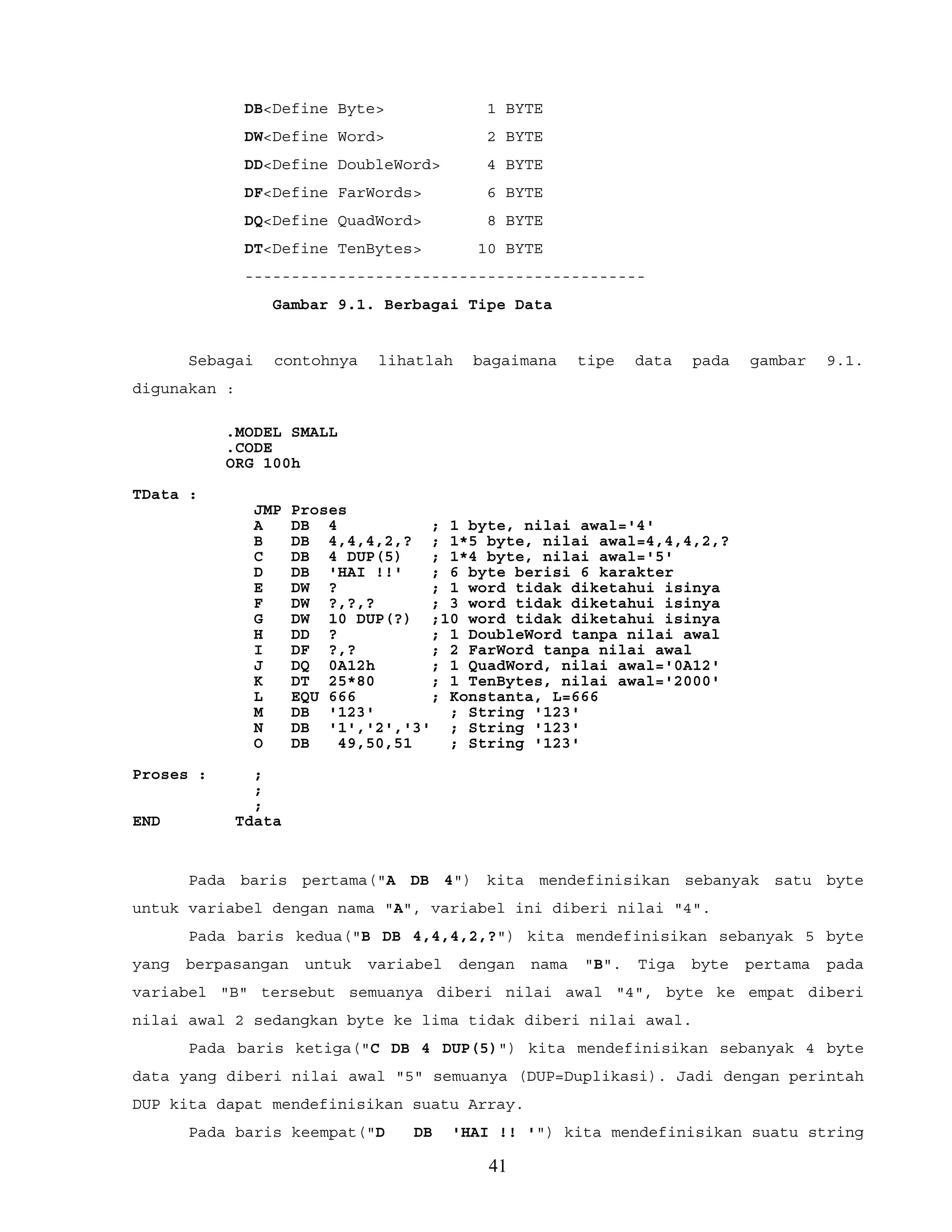 DB<Define Byte> 1 BYTE
DW<Define Word> 2 BYTE
DD<Define DoubleWord> 4 BYTE
DF<Define FarWords> 6 BYTE
DQ<Define QuadWord> 8 BYTE
DT<Define TenBytes> 10 BYTE
-------------------------------------------
Gambar 9.1. Berbagai Tipe Data
Sebagai contohnya lihatlah bagaimana tipe data pada gambar 9.1.
digunakan :
.MODEL SMALL
.CODE
ORG 100h
TData :
JMP Proses
A DB 4 ; 1 byte, nilai awal='4'
B DB 4,4,4,2,? ; 1*5 byte, nilai awal=4,4,4,2,?
C DB 4 DUP(5) ; 1*4 byte, nilai awal='5'
D DB 'HAI !!' ; 6 byte berisi 6 karakter
E DW ? ; 1 word tidak diketahui isinya
F DW ?,?,? ; 3 word tidak diketahui isinya
G DW 10 DUP(?) ;10 word tidak diketahui isinya
H DD ? ; 1 DoubleWord tanpa nilai awal
I DF ?,? ; 2 FarWord tanpa nilai awal
J DQ 0A12h ; 1 QuadWord, nilai awal='0A12'
K DT 25*80 ; 1 TenBytes, nilai awal='2000'
L EQU 666 ; Konstanta, L=666
M DB '123' ; String '123'
N DB '1','2','3' ; String '123'
O DB 49,50,51 ; String '123'
Proses : ;
;
;
END Tdata
Pada baris pertama("A DB 4") kita mendefinisikan sebanyak satu byte
untuk variabel dengan nama "A", variabel ini diberi nilai "4".
Pada baris kedua("B DB 4,4,4,2,?") kita mendefinisikan sebanyak 5 byte
yang berpasangan untuk variabel dengan nama "B". Tiga byte pertama pada
variabel "B" tersebut semuanya diberi nilai awal "4", byte ke empat diberi
nilai awal 2 sedangkan byte ke lima tidak diberi nilai awal.
Pada baris ketiga("C DB 4 DUP(5)") kita mendefinisikan sebanyak 4 byte
data yang diberi nilai awal "5" semuanya (DUP=Duplikasi). Jadi dengan perintah
DUP kita dapat mendefinisikan suatu Array.
Pada baris keempat("D DB 'HAI !! '") kita mendefinisikan suatu string
41
 