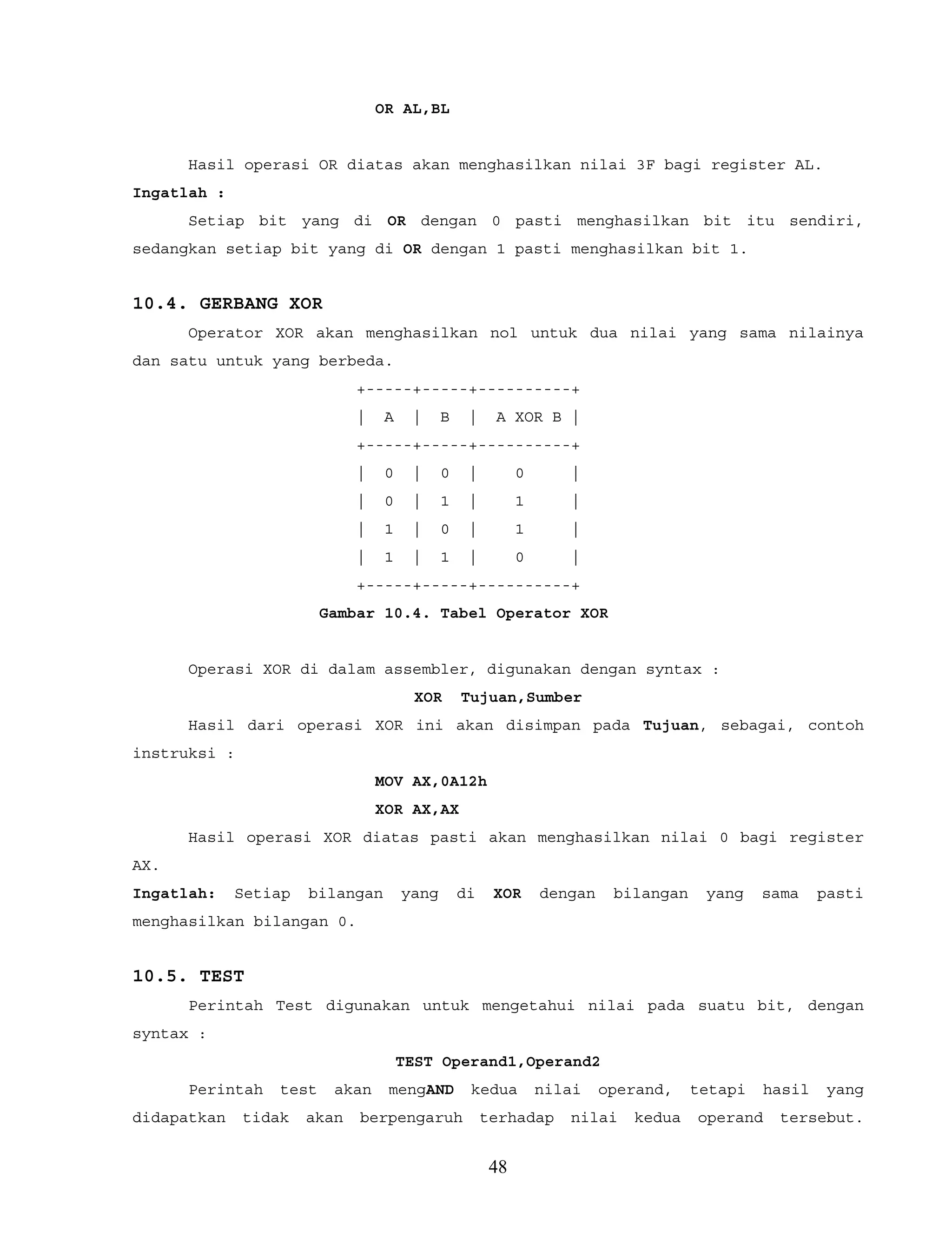 OR AL,BL
Hasil operasi OR diatas akan menghasilkan nilai 3F bagi register AL.
Ingatlah :
Setiap bit yang di OR dengan 0 pasti menghasilkan bit itu sendiri,
sedangkan setiap bit yang di OR dengan 1 pasti menghasilkan bit 1.
10.4. GERBANG XOR
Operator XOR akan menghasilkan nol untuk dua nilai yang sama nilainya
dan satu untuk yang berbeda.
+-----+-----+----------+
| A | B | A XOR B |
+-----+-----+----------+
| 0 | 0 | 0 |
| 0 | 1 | 1 |
| 1 | 0 | 1 |
| 1 | 1 | 0 |
+-----+-----+----------+
Gambar 10.4. Tabel Operator XOR
Operasi XOR di dalam assembler, digunakan dengan syntax :
XOR Tujuan,Sumber
Hasil dari operasi XOR ini akan disimpan pada Tujuan, sebagai, contoh
instruksi :
MOV AX,0A12h
XOR AX,AX
Hasil operasi XOR diatas pasti akan menghasilkan nilai 0 bagi register
AX.
Ingatlah: Setiap bilangan yang di XOR dengan bilangan yang sama pasti
menghasilkan bilangan 0.
10.5. TEST
Perintah Test digunakan untuk mengetahui nilai pada suatu bit, dengan
syntax :
TEST Operand1,Operand2
Perintah test akan mengAND kedua nilai operand, tetapi hasil yang
didapatkan tidak akan berpengaruh terhadap nilai kedua operand tersebut.
48
 