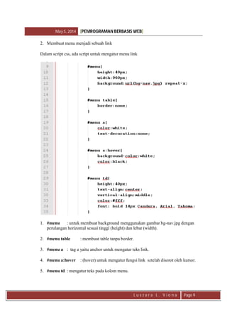May 5, 2014 [PEMROGRAMAN BERBASIS WEB]
L u s z a r a L . V i o n a Page 9
2. Membuat menu menjadi sebuah link
Dalam script css, ada script untuk mengatur menu link
1. #menu : untuk membuat background menggunakan gambar bg-nav.jpg dengan
perulangan horizontal sesuai tinggi (height) dan lebar (width).
2. #menu table : membuat table tanpa border.
3. #menu a : tag a yaitu anchor untuk mengatur teks link.
4. #menu a:hover : (hover) untuk mengatur fungsi link setelah disorot oleh kursor.
5. #menu td : mengatur teks pada kolom menu.
 