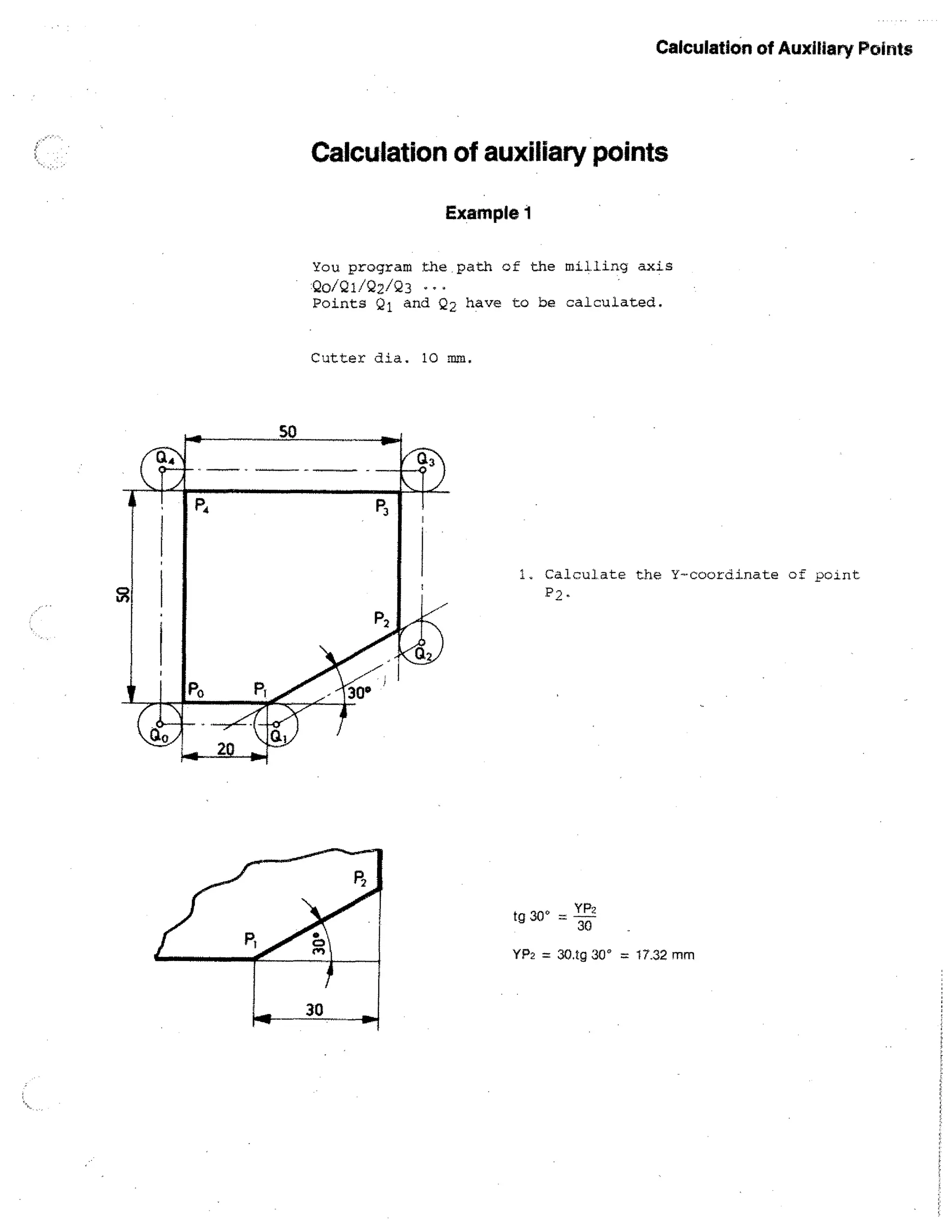 Calculation of Auxiliary Points

Calculation of auxiliary points
Example 1
You program the path of the milling axis
Q0/Q1/Q2/Q3
Points Q i and Q 2 have to be calculated.

Cutter dia. 10 mm.

1. Calculate the Y-coordinate of point
P9.

tg 30° = YP2
30
YP2 = 304 30° = 17.32 mm

 