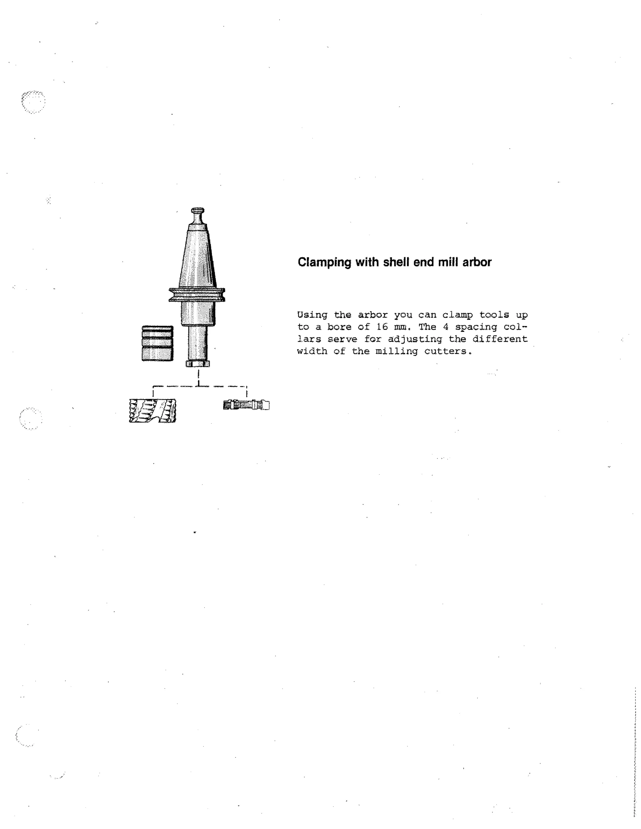Clamping with shell end mill arbor

Using the arbor you can clamp tools up
to a bore of 16 mm. The 4 spacing collars serve for adjusting the different
width of the milling cutters.

02m:ffiti

 