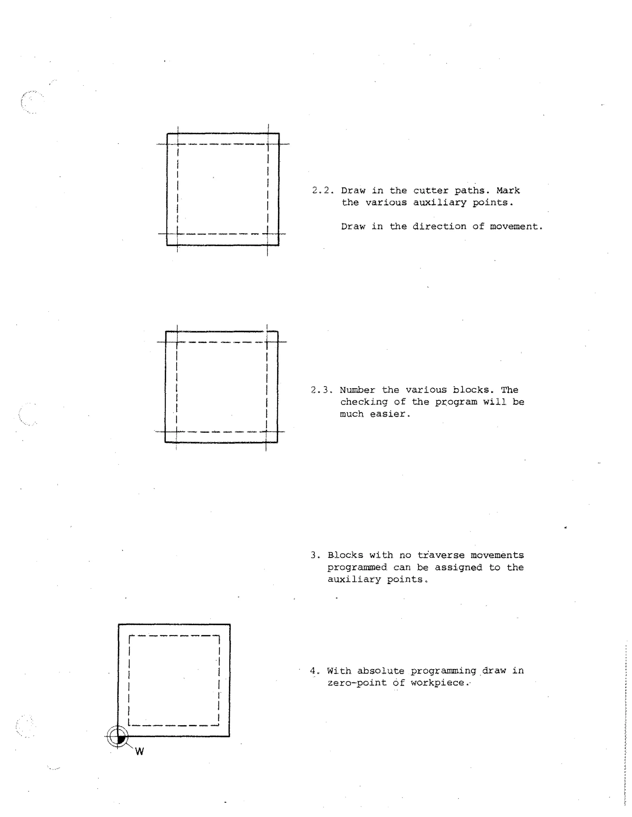 2.2. Draw in the cutter paths. Mark

the various auxiliary points.
Draw in the direction of movement.

2.3. Number the various blocks. The

checking of the program will be
much easier.

3. Blocks with no traverse movements
programmed can be assigned to the
auxiliary points.

4. With absolute programming draw in
zero-point of workpiece.•

 