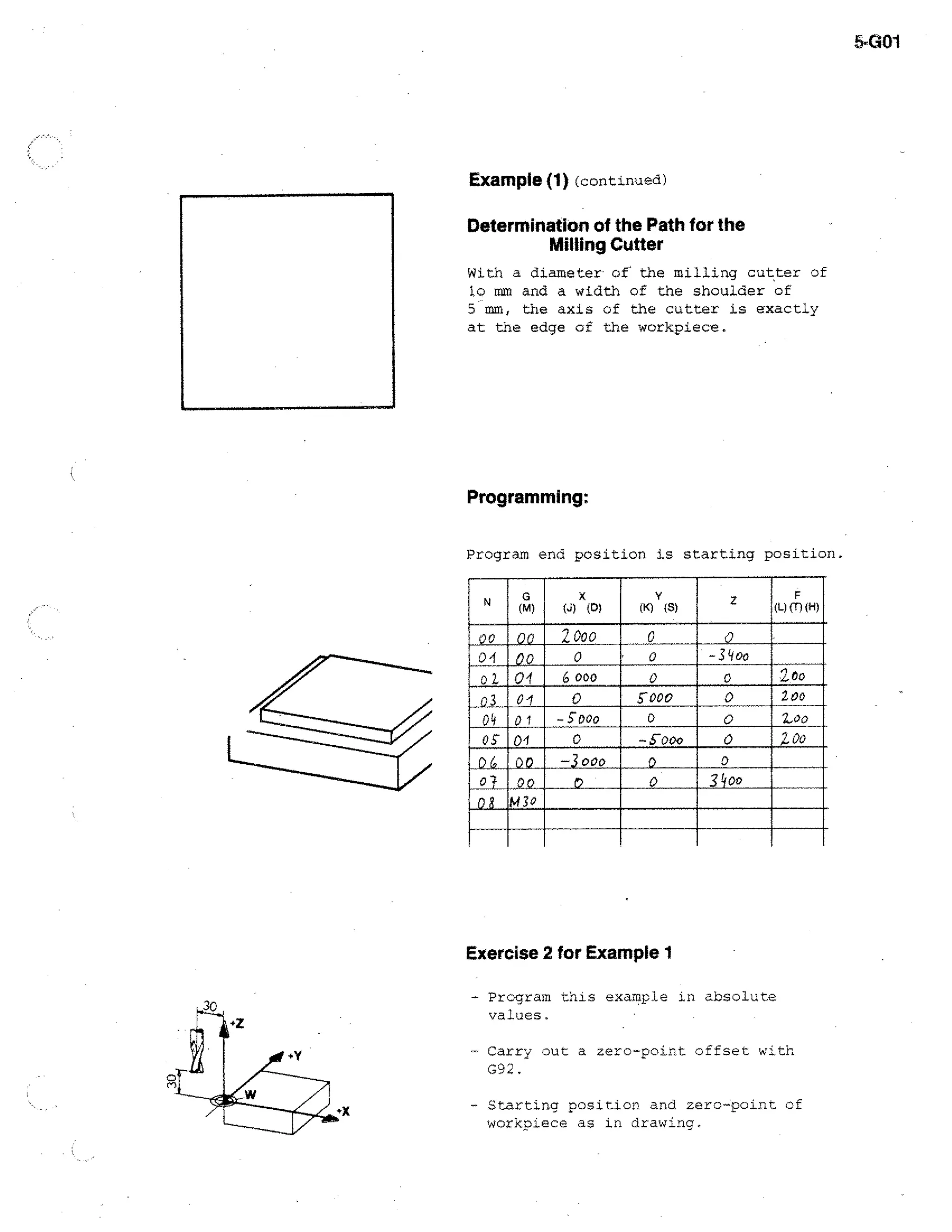 5-G01

Example (1) (continued)
Determination of the Path for the
Milling Cutter
With a diameter- of the milling cutter of
lo mm and a width of the shoulder of
5 mm, the axis of the cutter is exactly
at the edge of the workpiece.

Programming:
Program end position is starting position.
N.

X

N

G
(M)

00
04

•0
Ia

0z

04

6 000

of

o

94
0S
•

i
it

a

(J)

(K)

(0)

2000
0

-S-00o
0
-30o0

,

IS)

Z

F
(I-) (T) fit

0
0
0
s-000

0
-3100
o
o

o

0

Zoo

0

2.00

-Coo*
o

2 to
20o

0
3 op

is M30

Exercise 2 for Example 1
- Program this example in absolute
values.
- Carry out a zero-point offset with
G92.
- Starting position and zero-point of
workpiece as in drawing.

 