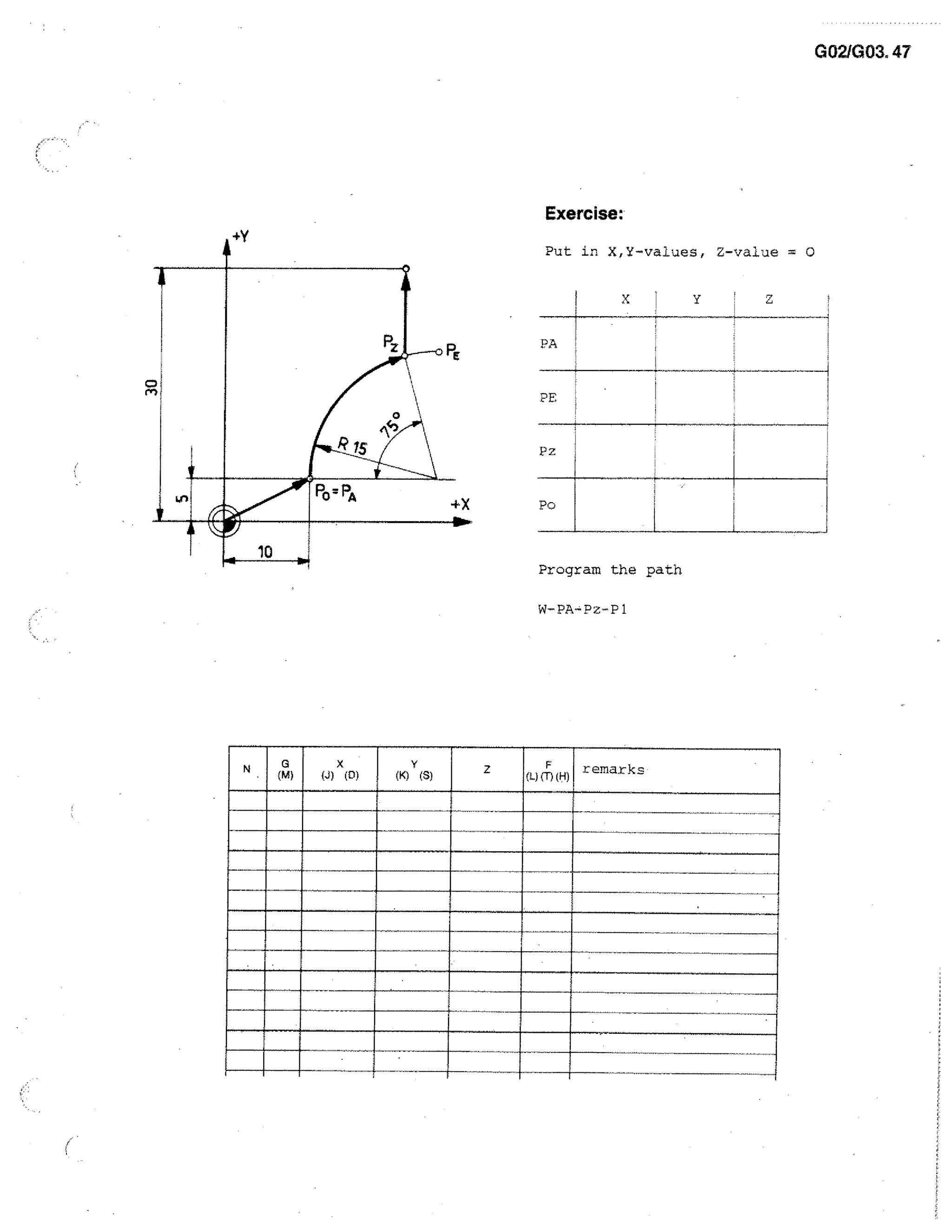 G021G03. 47

Exercise:
Put in X,Y-values, Z-value = 0
Y

X

PA

PE

Pz

+X

Po

L

Program the path
W-PA.,Pz-P1

Z

 