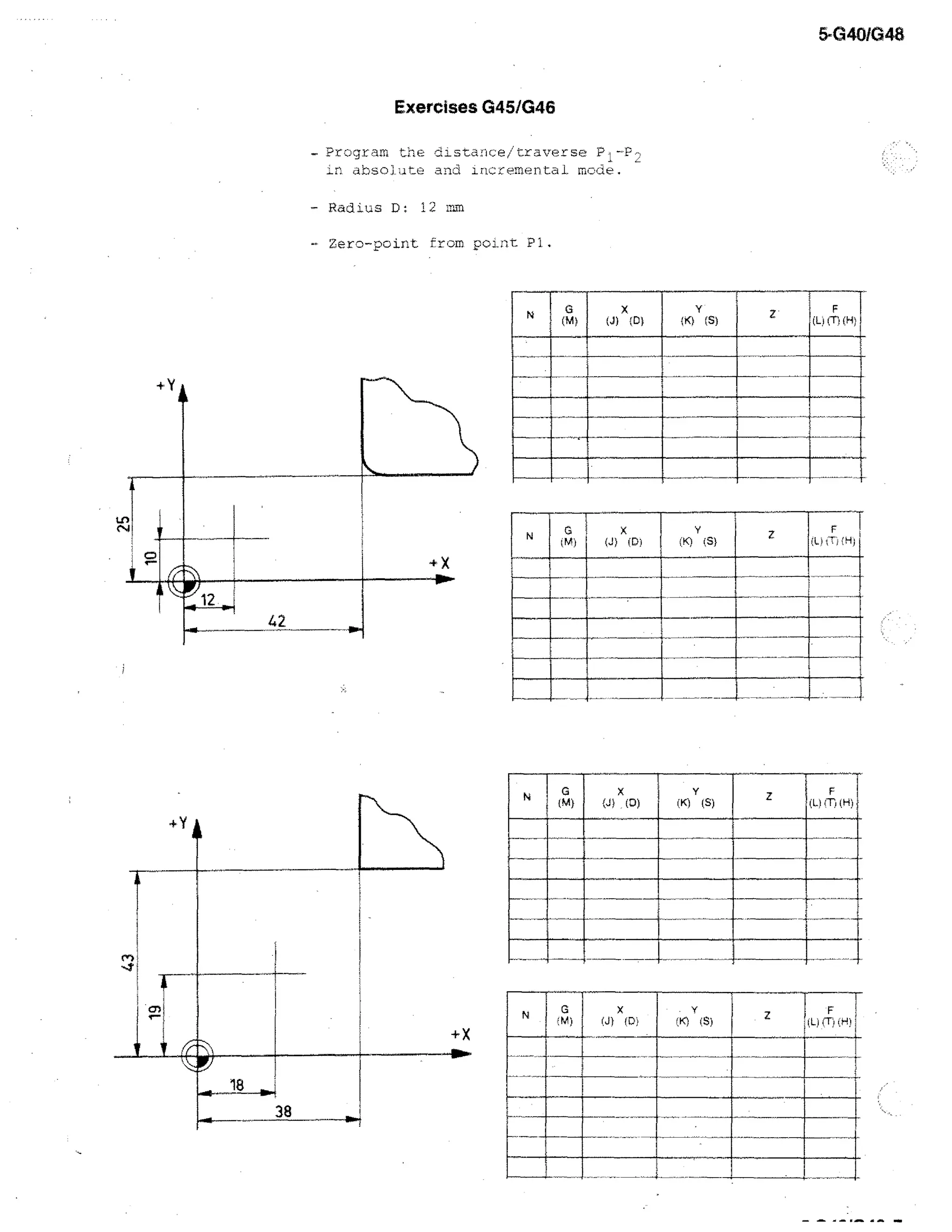 5-G401048

Exercises G45/G46
- Program the distance/ traverse P 1 -P
absolar_c! and Irlementai. mc•de.
- Radius

D:

12 mm

- Zero-point frca FoLnt P.

N

G

F
(Lic—n(t

(M)

+y

N

G
thA)

Y

X
(J)

(D)

)S}

(K)	

Z

F
()..i sT,,:!—I;

.	

N

G
( M)

(J)	

N

G
!M)

(J1

Y

X

(5)

(D)

(K)

(Di

. v
K) (S)

X

—

Z

F
tl..} (T. (1.4)

Z

F
Li iTT)(i-!)

 