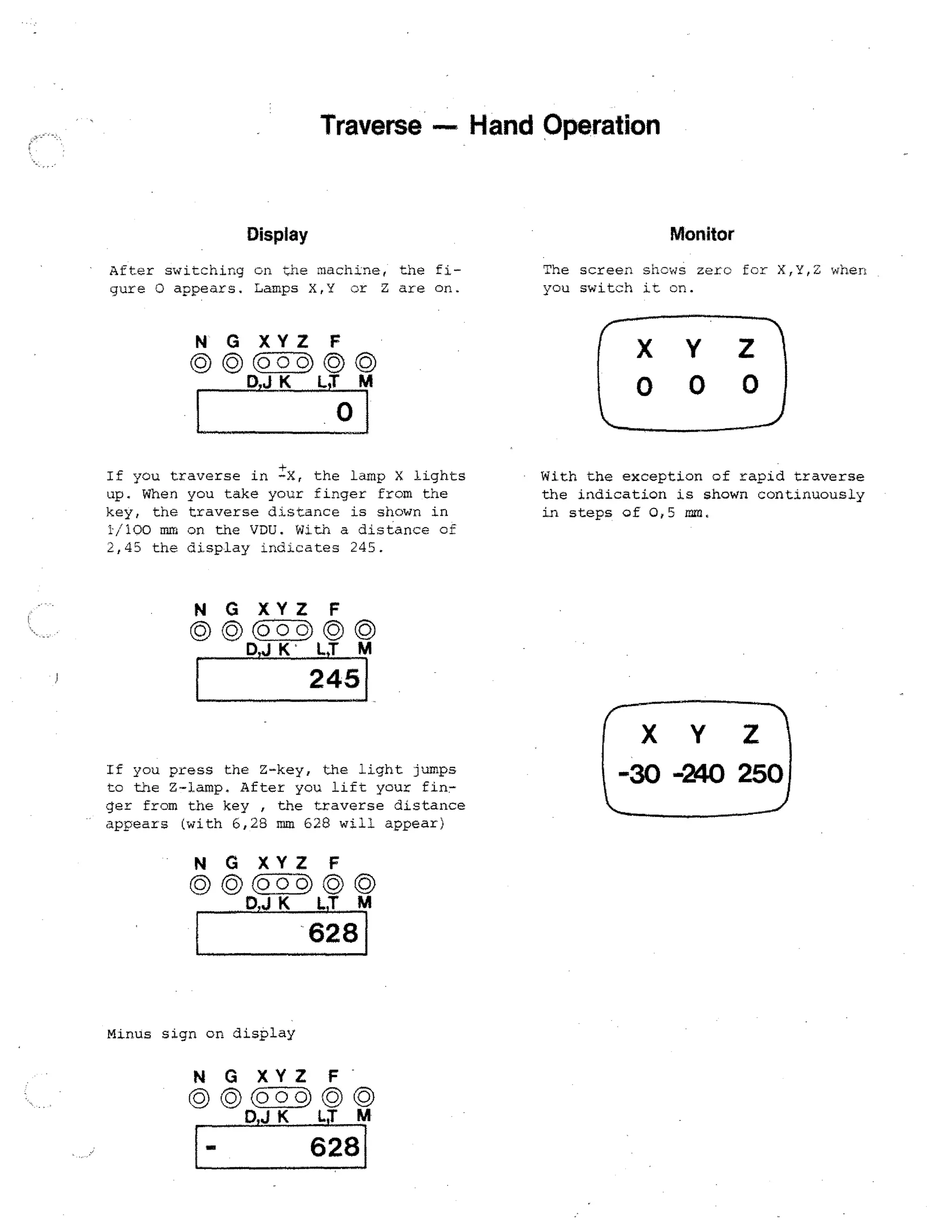 Traverse — Hand Operation

Monitor

Display
After switching on the machine, the figure 0 appears. Lamps X,Y or Z are on.

N

X,Y,Z when

G XYZ F

©

D,‘.1 K

M

If you traverse in tX, the lamp X lights
up. When you take your finger from the
key, the traverse distance is shown in
1/100 mm on the VDU. With a distance of
2,45 the display indicates 245.

N

The screen snows zero for
you switch it cn.

With the exception of rapid traverse
the indication is shown continuously
in steps of 0,5 mm.

G XYZ F

ggcoo.9)00
D,J IC

M

245

If you press the Z--key, the light jumps
to the Z-lamp. After you lift your finger from the key , the traverse distance
appears (with 6,28 mm 628 will appear)

N

g0
Doi K

G XYZ F

0 © (o o 6)

628

Minus sign on display

N G XYZ F

(000) © 0

D,J K LT

M

628

XY
-30 -340 250

 