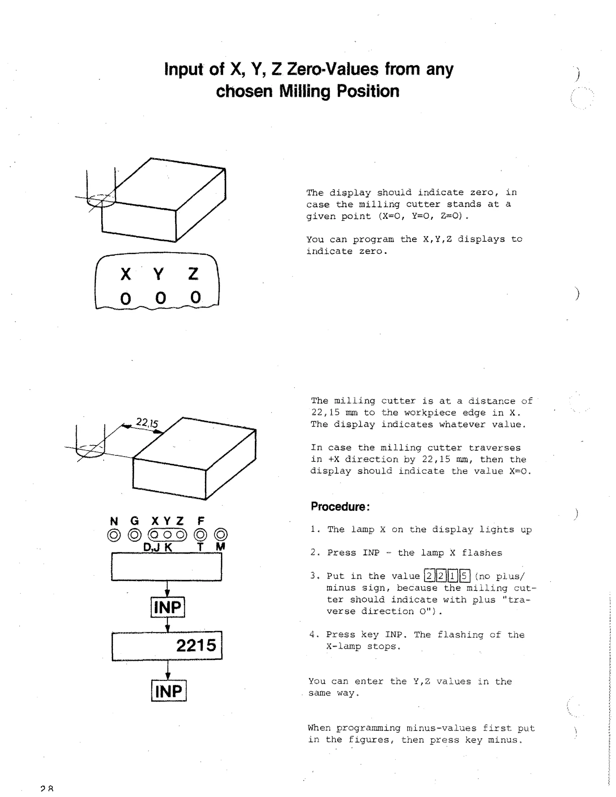 Input of X, Y, Z Zero-Values from any
chosen Milling Position

The display shou.,,d indicate zero, in
case the milling cutter stands at a
given point (X=0, Y=0, Z=0).
You can program the X,X,Z displays tc
indicate zero.

The milling cutter is at a distance of
22,1.5 mm to the workpiece edge in X.
The display indicates whatever value.
In case the milling cutter traverses
in +X direction by 22,15 mm, then the
display should indicate the value X=0.

N G XYZ F
© (I) 0 0) © 0
T
D,J K

Procedure:
1. The lamp X on the display lights up
2. Press INP - the lamp X flashes

N2 EE

INP
2215
INP

3. Put in the value
(no plus/
minus sign, because the milling cut-.
ter should. indicate with plus "traverse direction 0").
4. Press key INP. The flashing of toe
X--lamp stops.

You can enter the Y,Z values in the
. same way.

When programming minus-values first put
in the figures, then press key minus,

2R

 