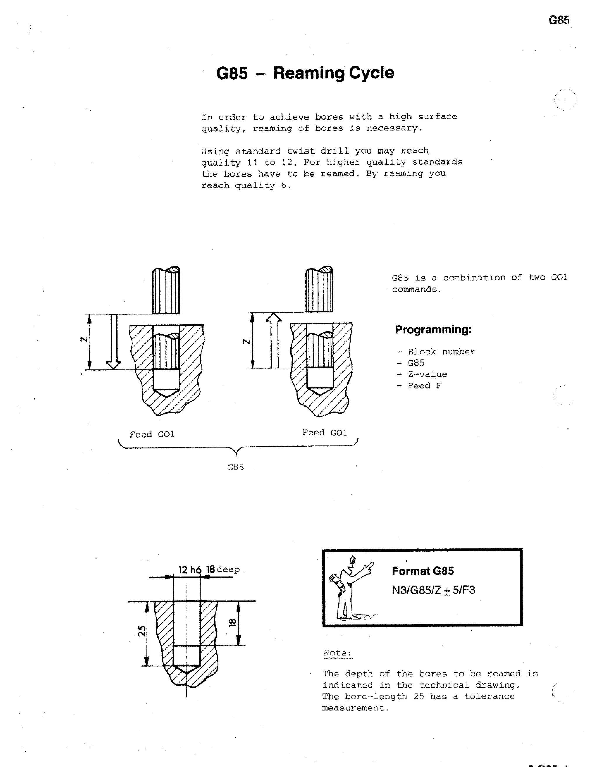 G85

G85 - Reaming Cycle
In order to achieve bores with a high surface
quality, reaming of bores is necessary.
Using standard twist drill you may reach
quality 11 to 12. For higher quality standards
the bores have to be reamed. By reaming you
reach quality 6.

G85 is a combination of two G01
'commands.

Programming:
- Block number
- G85
- Z-value
- Feed F

Feed Gal

Feed GO1
G8S

Note:
• The depth of the bores to be reamed is
indicated. in the technical drawing.
The bore-length 25 has a tolerance
measurement,

 