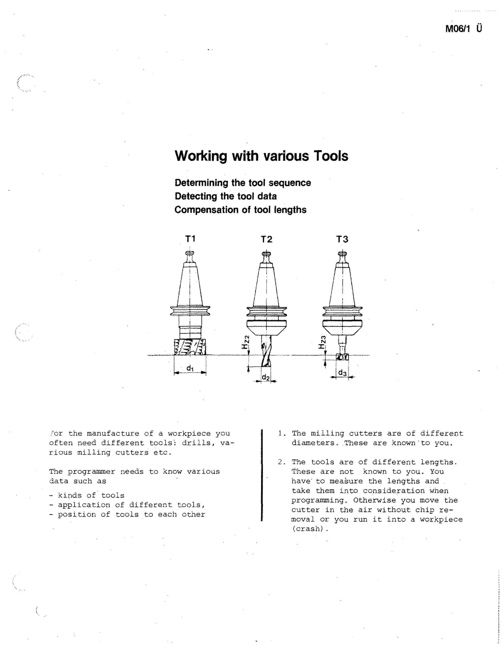 M0611

Working with various Tools
Determining the toot sequence
Detecting the tool data
Compensation of tool lengths
T1

'or the manufacture of a workpiece you
often need different tools: drills, various milling cutters etc.
The programmer needs to know various
data such as
- Kinds of tools
- application of different tools,
-. position of tools to each other

T3

1. The milling cutters are of different
diameters. These are known'to you.
2. The tools are of different lengths.
These are not known to you. You
have to measure the lengths and
take them into consideration when
programming. Otherwise you move the
cutter in the air without chip removal or you run it into a workpiece
(crash).

 