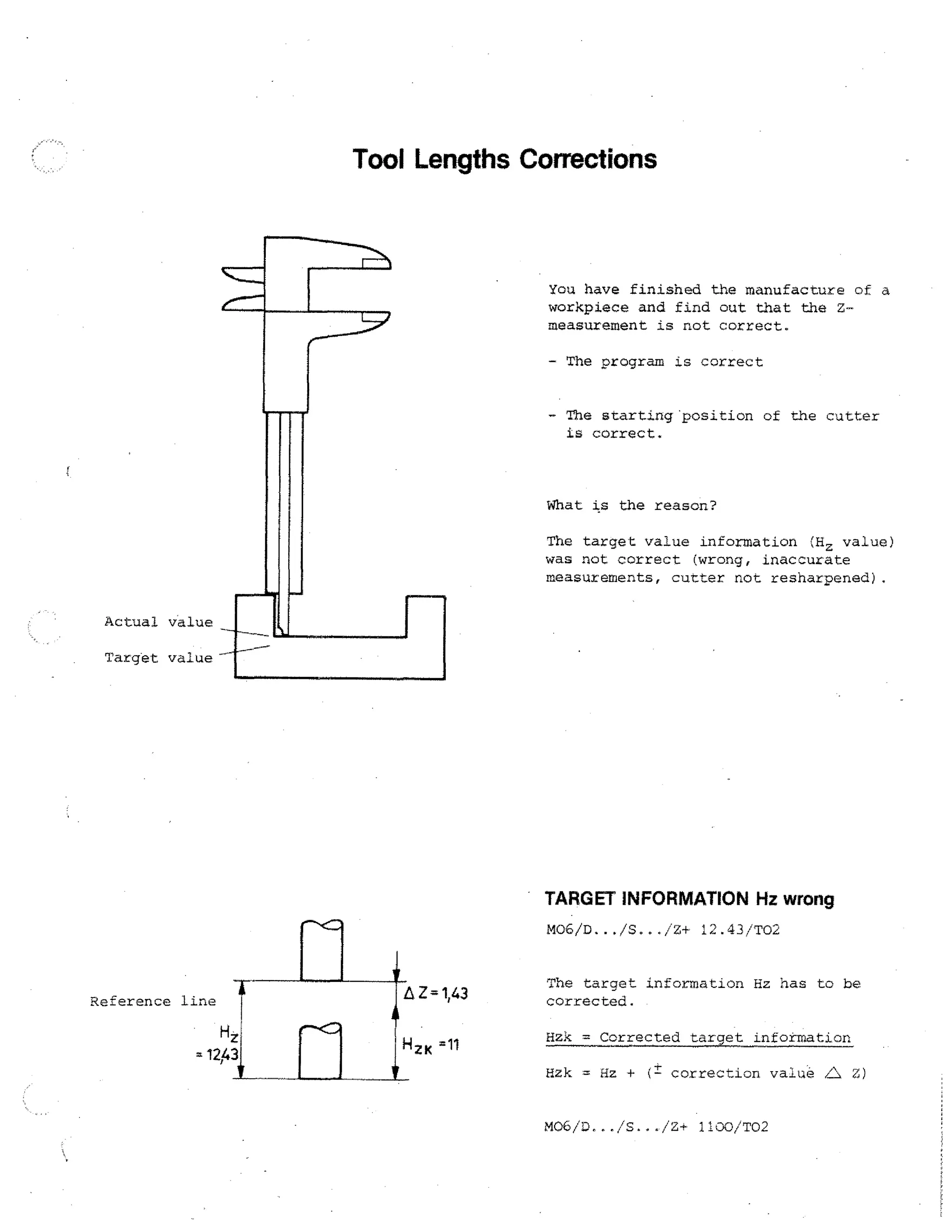 Tool Lengths Corrections

You have finished the manufacture of a
workpiece and find out that the Zmeasurement is not correct.
- The grogram is correct
- The starting position of the cutter
is correct.

What is the reason?
The target value information {H z value)
was not correct (wrong, inaccurate
measurements, cutter not resharpened).
Actual value
Target value

TARGET INFORMATION Hz wrong
M06/D.../2.../2+ 12.43/T02

Reference line

Z=1,43

zK

=11

The target information Hz has to be
corrected.
Hzk = Corrected target information

Hzk = Hz +

correction value

M06/1),../S.../Z+ 1100/T02

4{.11

Z)

 