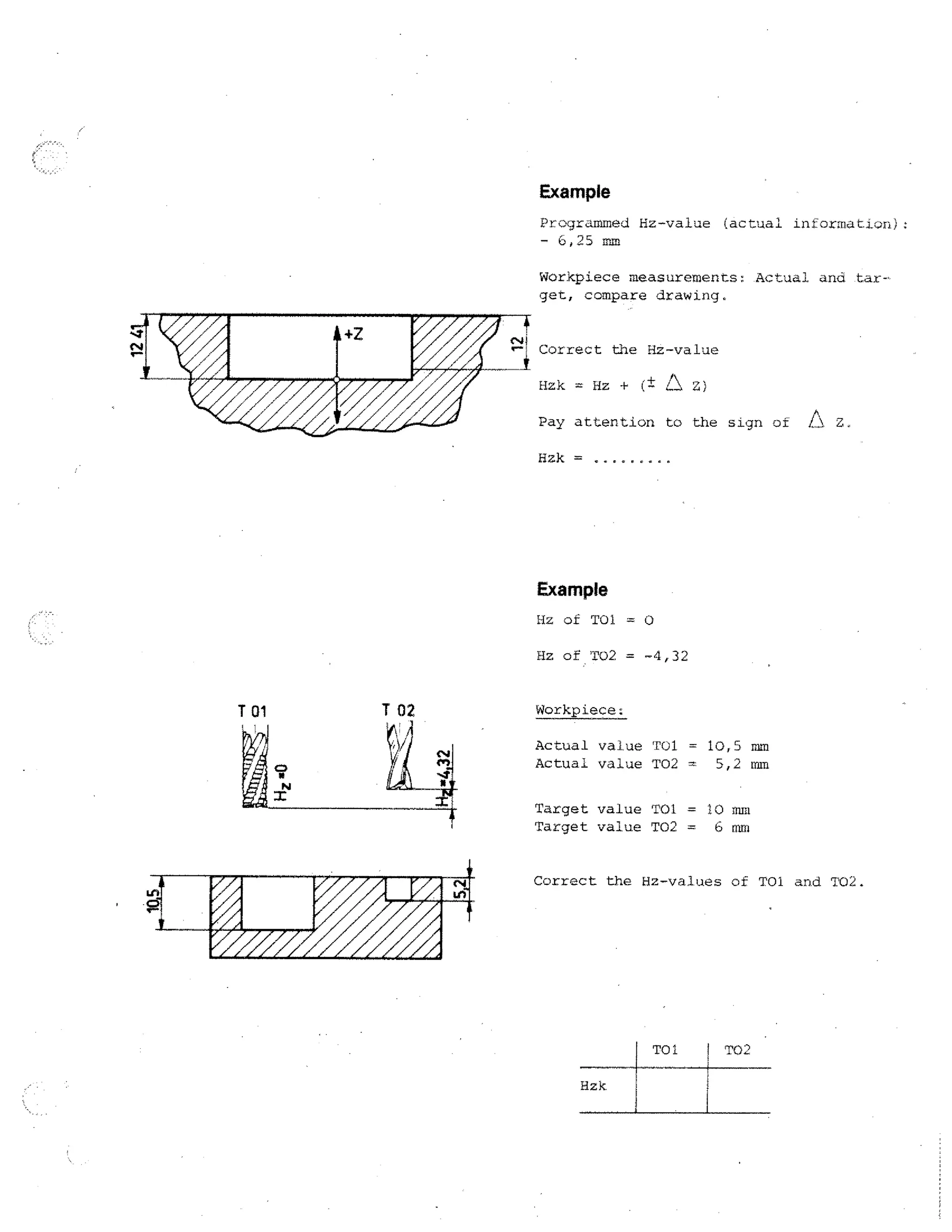 Example
Programmed Hz-value (actual informaticn):
- 6,25 mm
Workpiece measurements: Actual and target, compare drawing.
Correct the Hz-value
Hzk = Hz

1- ( t

2)

Pay attention to the sign of

Z. 

Z.

Hzk =

Example
Hz of TO1 = 0
Hz of T02 = -4,32
Workpiece:

Actual value TO1 = 10,5 mm
Actual value T02 = 5,2 mm
Target value TO1 = 10 mm
Target value T02 = 6 mm
Correct the Hz-values of TO1 and T02.

TO1
Hzk

j

TO2

 