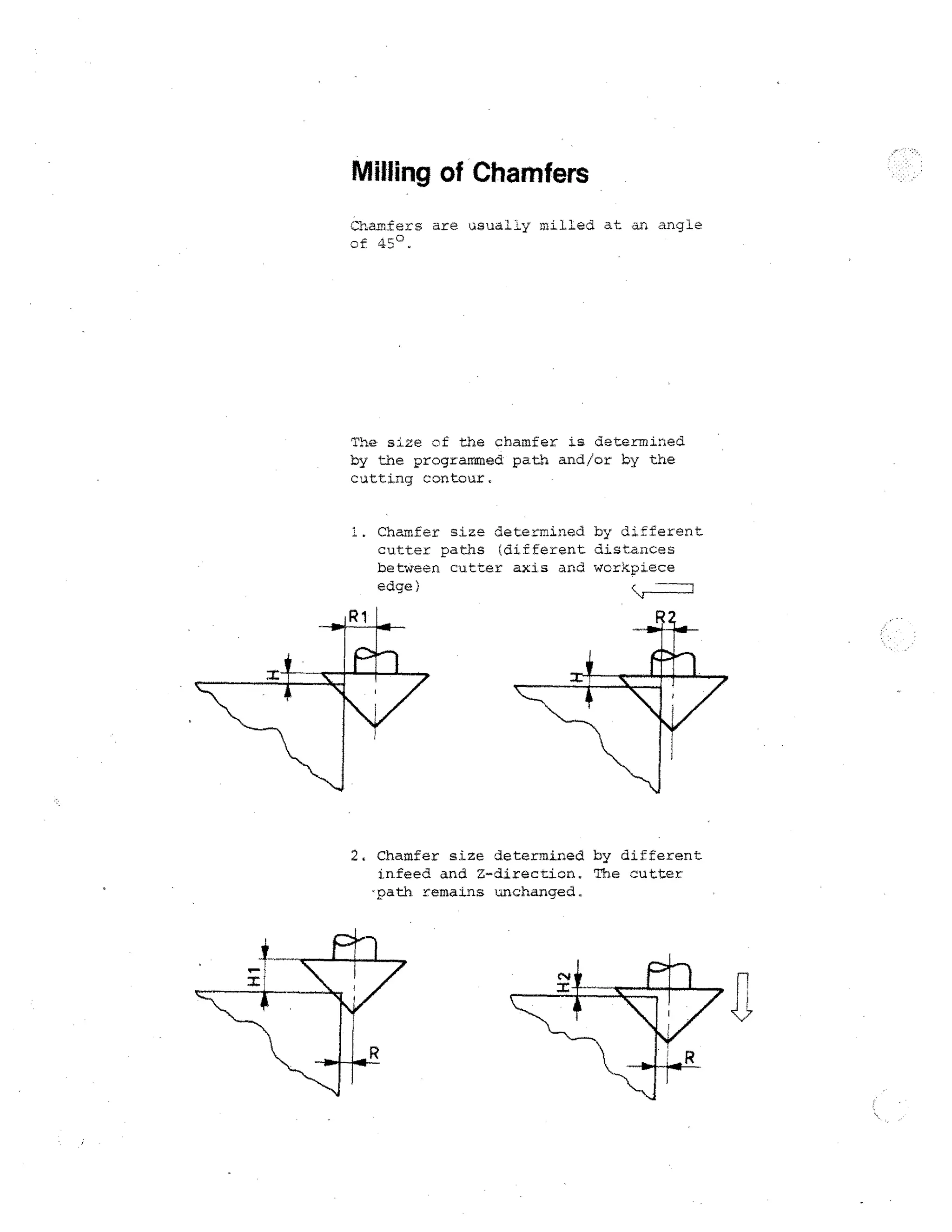 Milling of Chamfers
Chamfers are usually milled at an angle
of 45°.

The size of the chamfer is determined
by the programmed. path and/or by the
cutting contour.
1. Chamfer size determined by different
cutter paths (different distances
between cutter axis and workpiece
edge)

2. Chamfer size determined by different
infeed and Z-direction. The cutter
path remains unchanged.

 