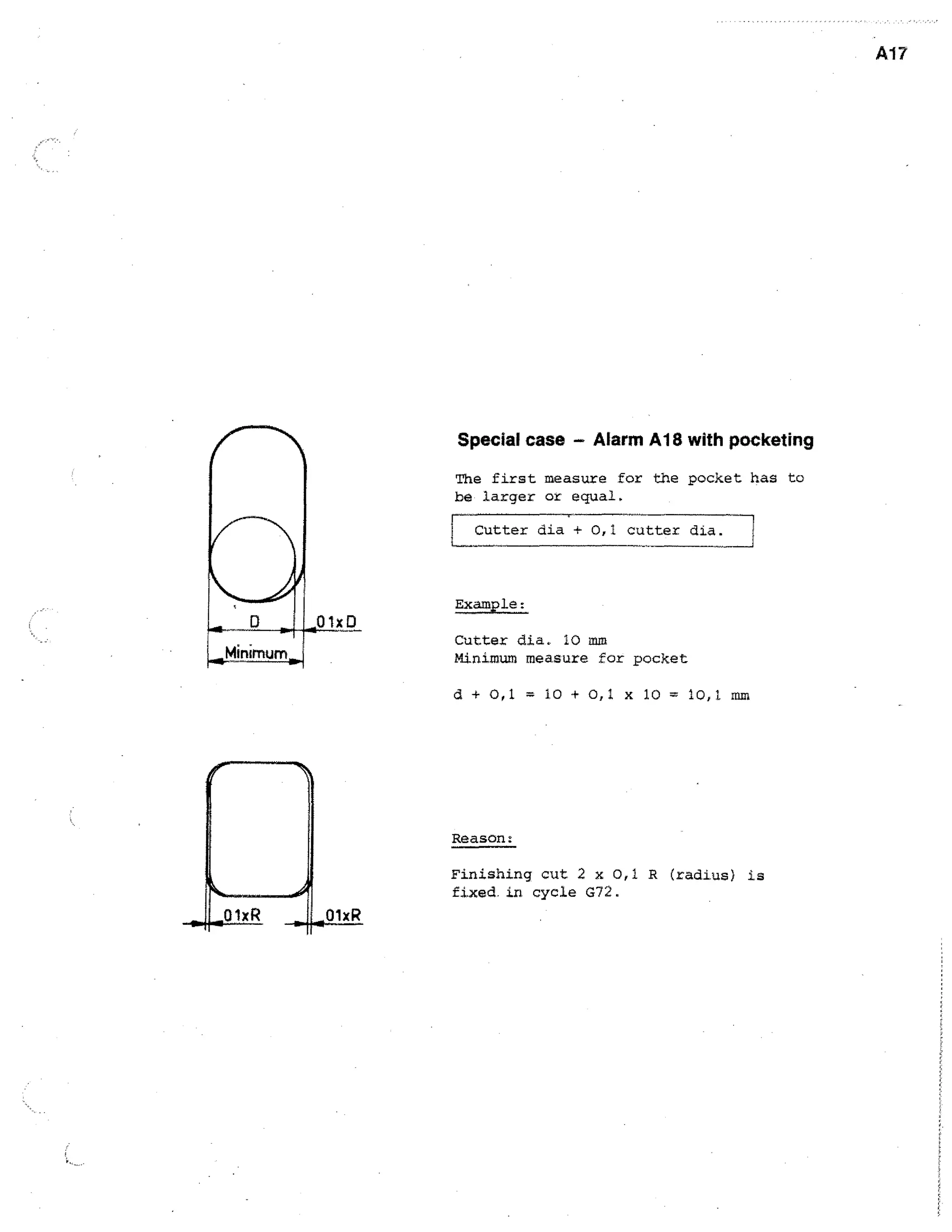 A17

Special case — Alarm Al 8 with pocketing
The first measure for the pocket has to
be larger or equal.
Cutter dia + 0,1 cutter dia.

Example:
Cutter dia. 10 mm
Minimum measure for pocket
d+0,1
0,1

10 + 0,1 x 10

10,1 mm

Reason:
Finishing cut 2 x 0,1 R (radius) is
fixed. in cycle G72.

01xR

 