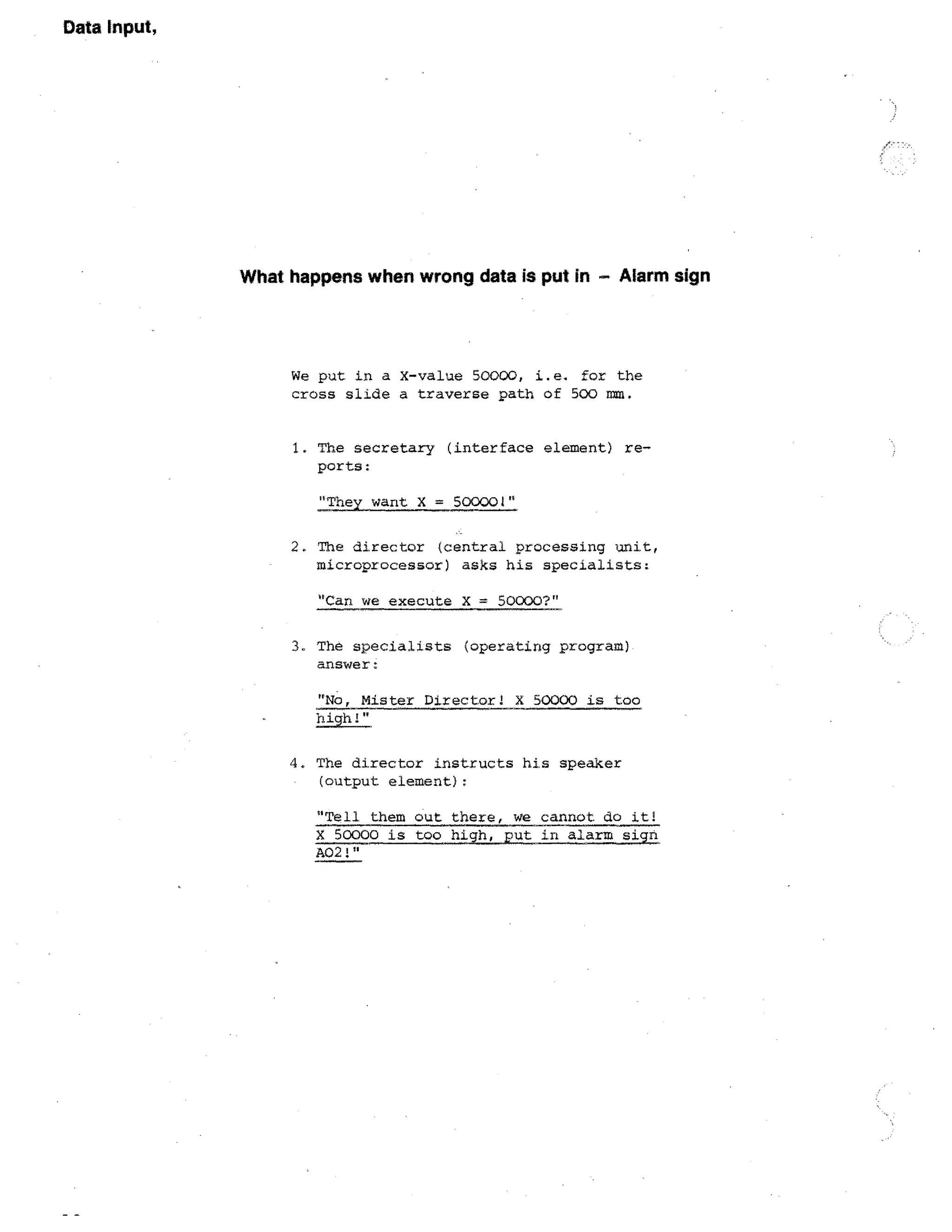 Data Input,

What happens when wrong data is put in — Alarm sign

We put in a X-value 50000, i.e. for the
cross slide a traverse path of 500 mm.
1. The secretary (interface element) reports:
They want X = 50000!
2. The director (central processing unit,
microprocessor) asks his specialists:
Can

we execute X = 50000?

3. The specialists (operating program)
answer:
No, Mister Director! X 50000 is too
high!
4. The director instructs his speaker
(output. element):
Tell them out there, we cannot do it!
X 50000 is too high, put in alarm sigp
A02!

 