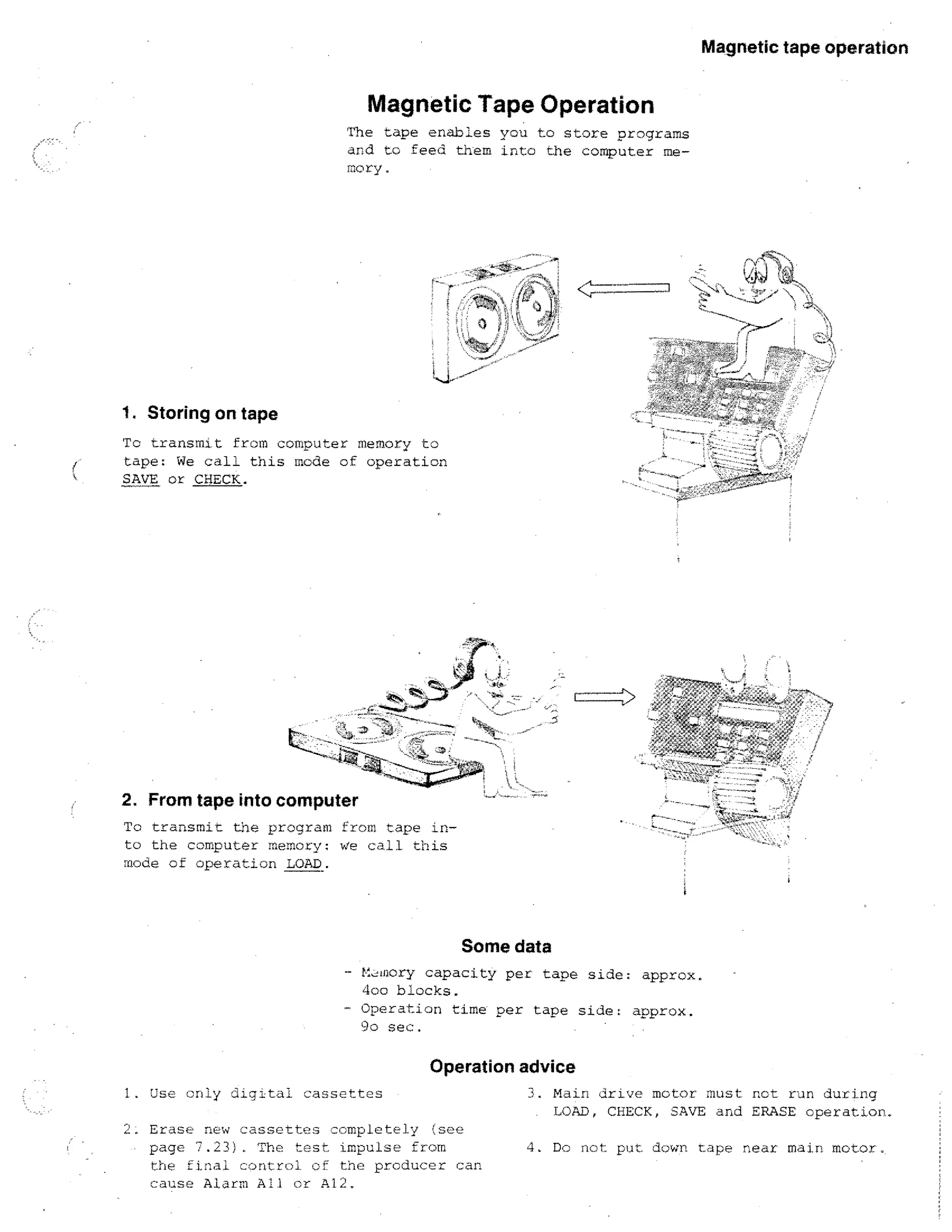 Magnetic tape operation

Magnetic Tape Operation
The ta p e enables you to store programs
and to feed them into the computer memory.

1. Storing on tape
To transmit from computer memory to
tape: We call this mode of operation
SAVE or CHECK.

2. From tape into computer
To transmit the program from tape into the commuter memory: We call this
mode of operation LOAD.

Some data
- n.:mory capacity pet tape side: approx.
400 blocks.
- Operation time per tape side: approx.
90 sec.

Operation advice
1.

only

cassettes

. Erase: new cassettes completely (see
• page 7.23). The test impulse from
the final control o!1' the producer can
cause Alarm All or Al2.

3. Main drive motor must not run during
LOAD, CHECK, SAVE and ERASE operation.
4. Do not put down tape near main motor.

 