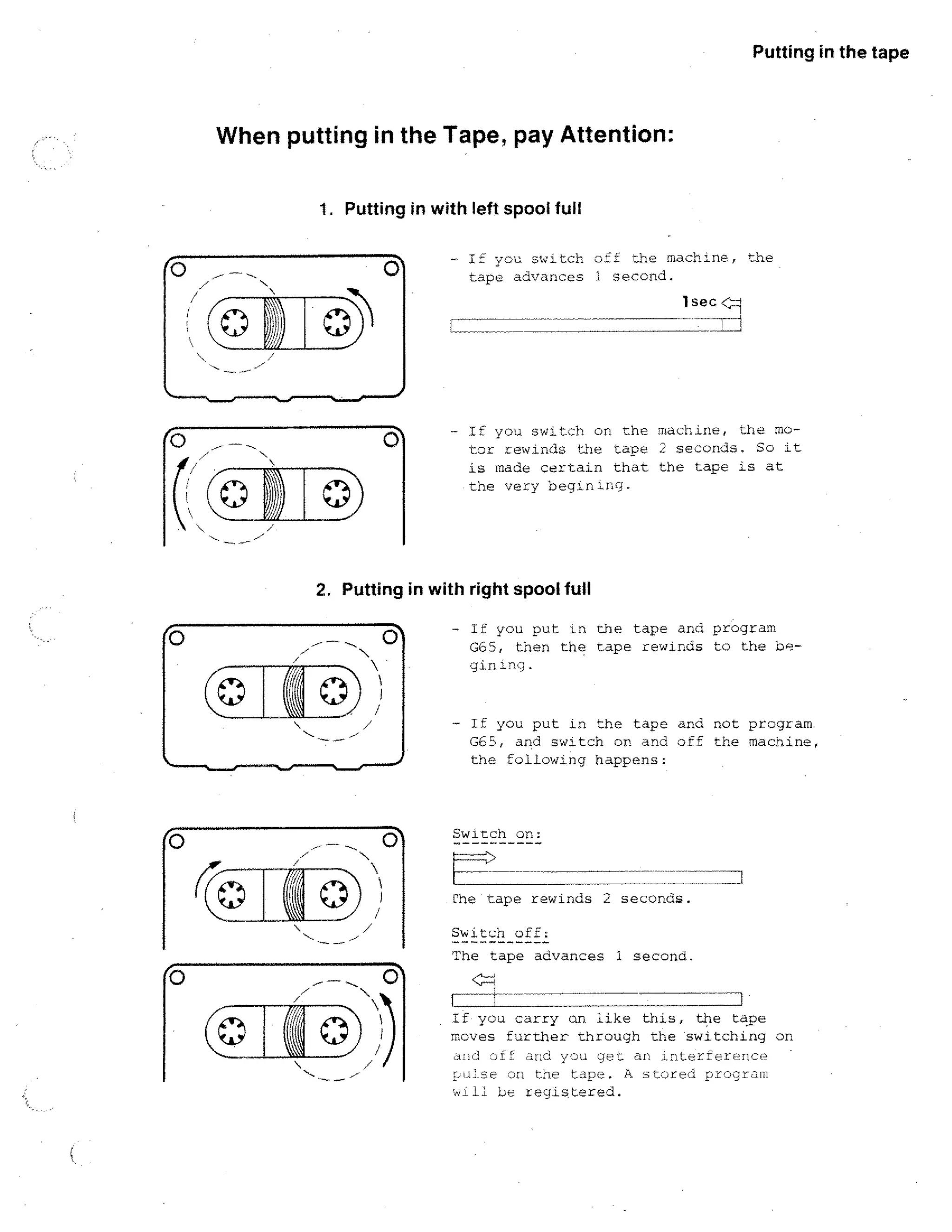 Putting in the tape

When putting in the Tape, pay Attention:
1. Putting in with left spool full
- I: you. switch off the machine, the
tape advances i second.
1 sec
Tl

- if you switch on the machine, the motor rewinds the ta p e 2 seconds. So it
is made certain that the tape is at
the ver y begininq.

2. Putting in with right spool full

O

C

0‘

__

- If you put in the tape and Program
G65, then the tape rewinds to the b gigining.

- If you put in the tape and not program
G65, and switch on and off the machine,
the following happens:

Switch on:

Che tape rewinds 2 seconds.
Switch off:
The tape advances I second.

1

If you carry on like this, the tope
moves further through the switching on
arj
a;ld .;:c)
get. ar interrer7-1c
the tJpi, A sct:re
tegistered.

 