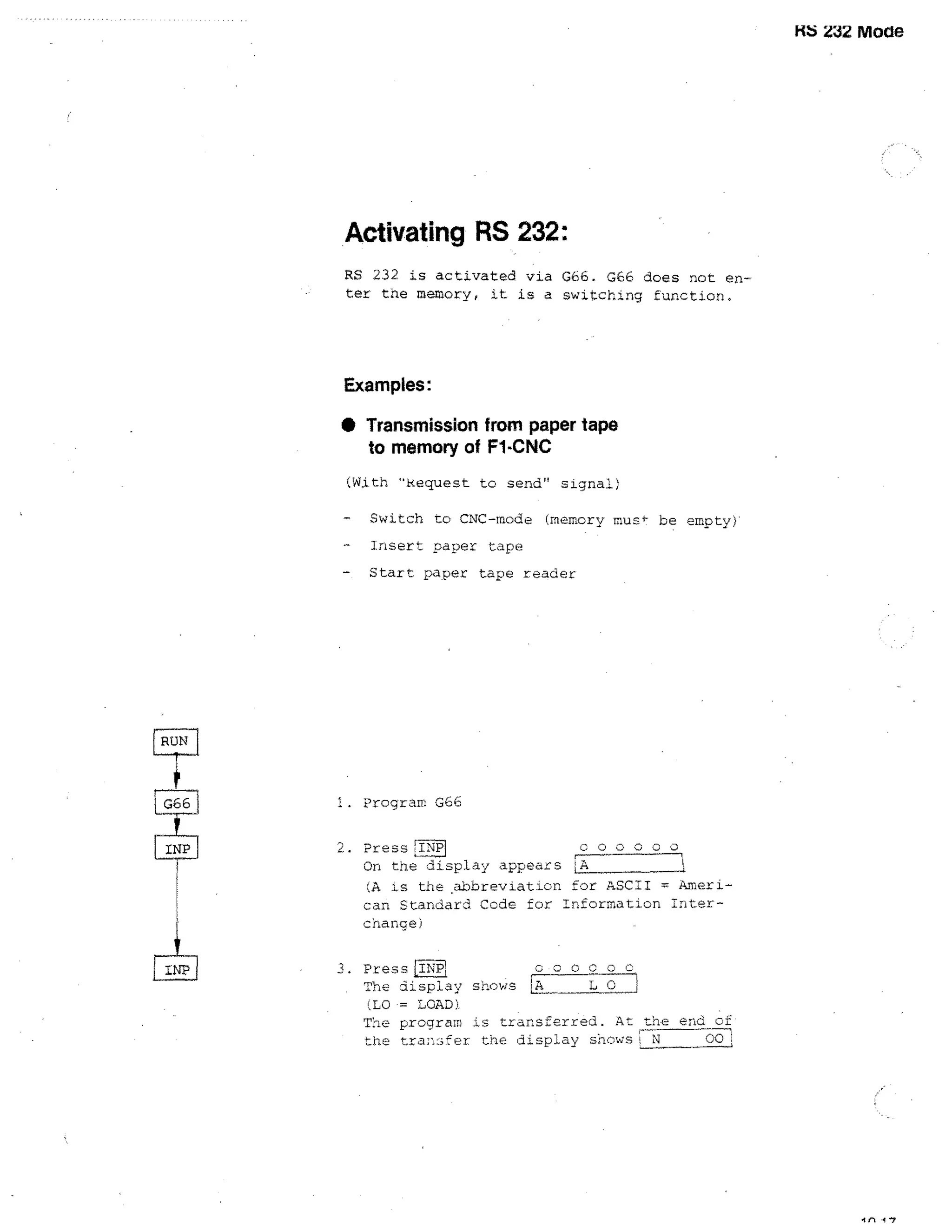 KS 232 Mode

Activating RS 232:
RS 232 is activated via G. G66 does not enter the memory, it is a switching function.

Examples:
• Transmission from paper tape
to memory of F1-CNC
(With Request to send signal)
Switch to CNC-mode (memory mus t- be emptyY
-

insert taper tape

-

Start paper tape reader

1. Program G66
a a c. a a a
2. PressI.
On the display appears
A is the abbreviat.icn for ASCII r, American Standard Code for Information interchange(

oacooci
3. Pres clEETP
0
The display shows
J-0 . = LOAD
The program I transferred. At the end cf
CO
the tra:7:sfer the displa y snows, N

 