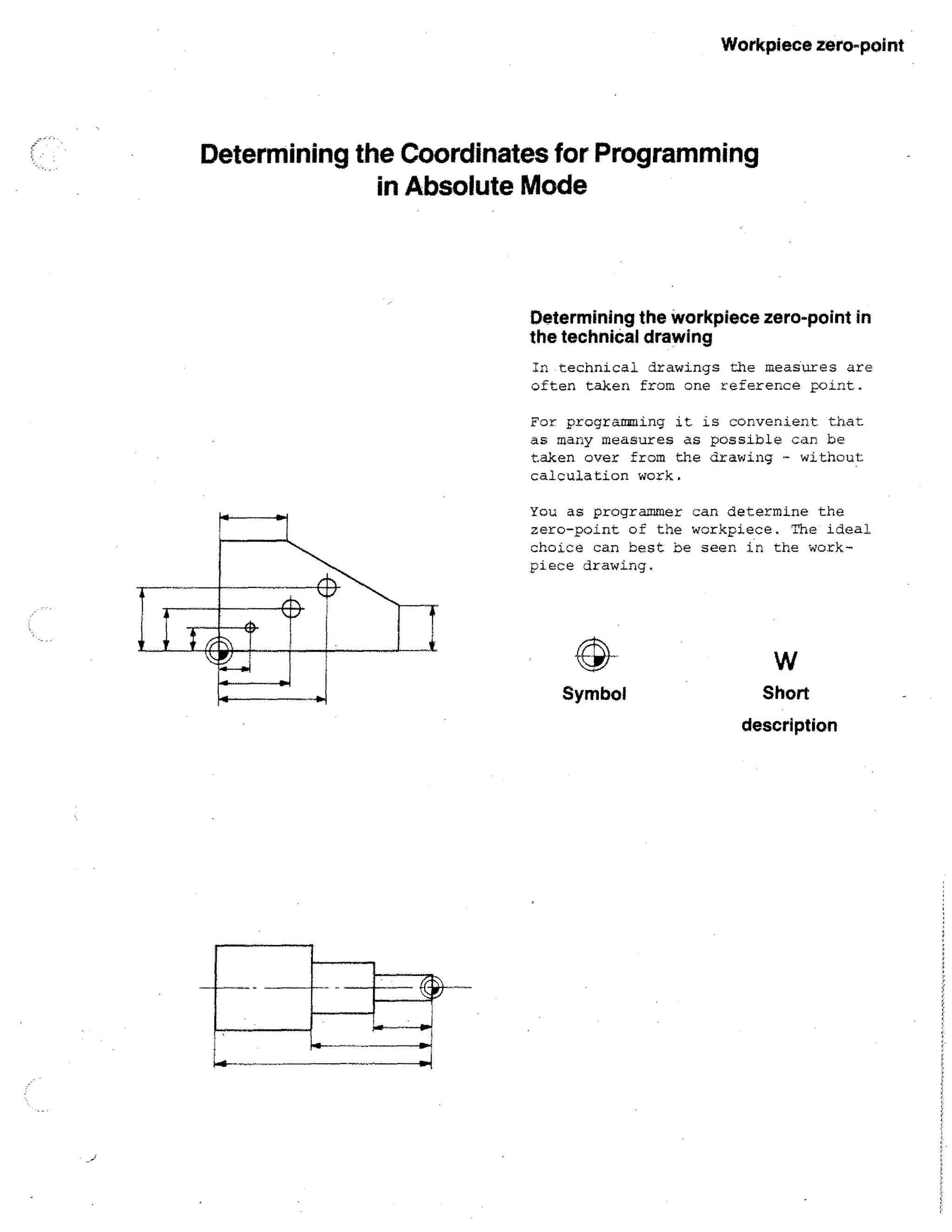 Workpiece zero-point

Determining the Coordinates for Programming
in Absolute Mode

Determining the Workpiece zero-point in
the technical drawing
In technical drawings the measures are
often taken from one reference point.
For programming it is convenient that
as many measures as possible can be
taken over from the drawing - without
calculation work.
You as programmer can determine the
zero-point of the workpiece. The ideal
choice can best be seen in the workpiece drawing.

Symbol

Short
description

 