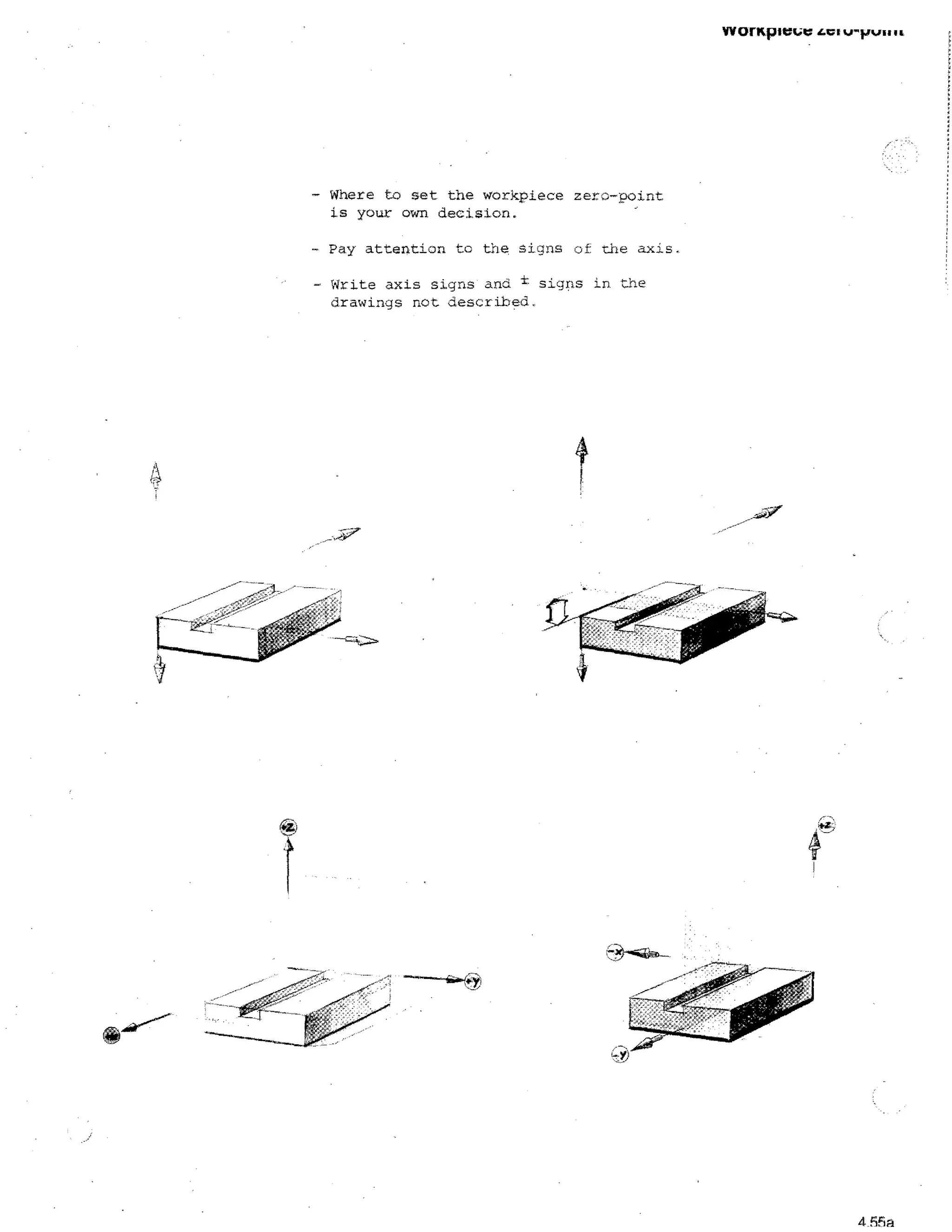 wornpieue ici

WWwit u

- Where to set the workpiece zero-ooint
is your own decision.
- Pay attention to the signs

of the axis.

- Write axis signs and ± signs in t:_ne
drawings not described.

f

4 flflA

a

 